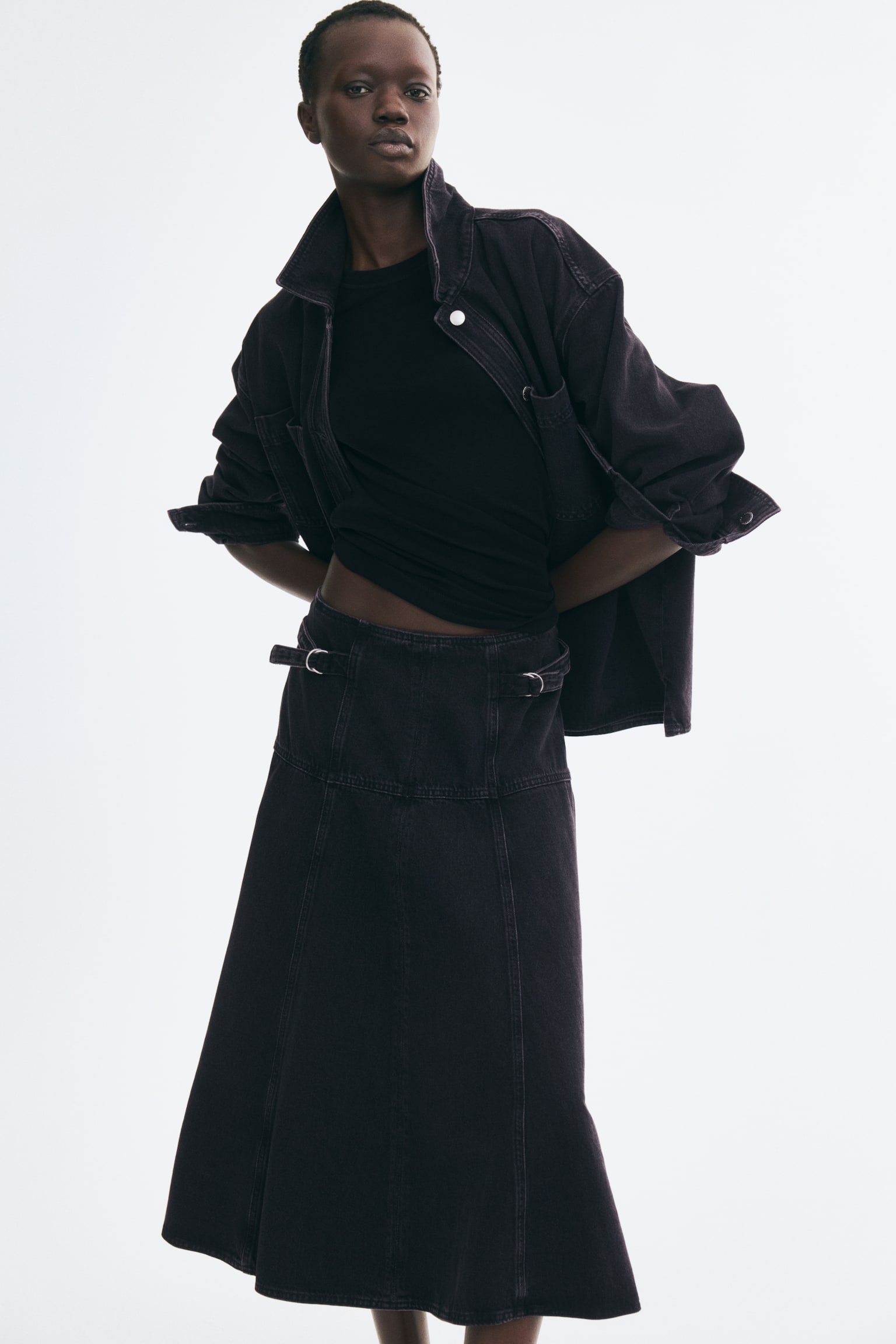 Flared denim skirt - Denim black/Beige/Leopard print - 1
