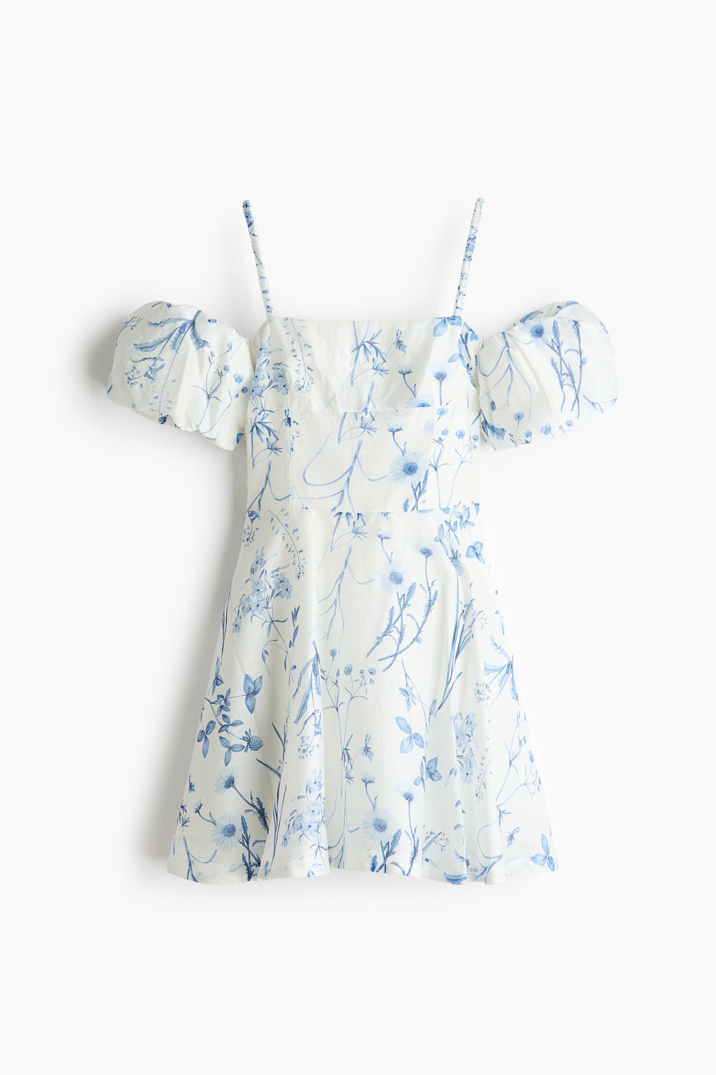 Vestido de hombros descubiertos en mezcla de lino - Blanco/Floreado