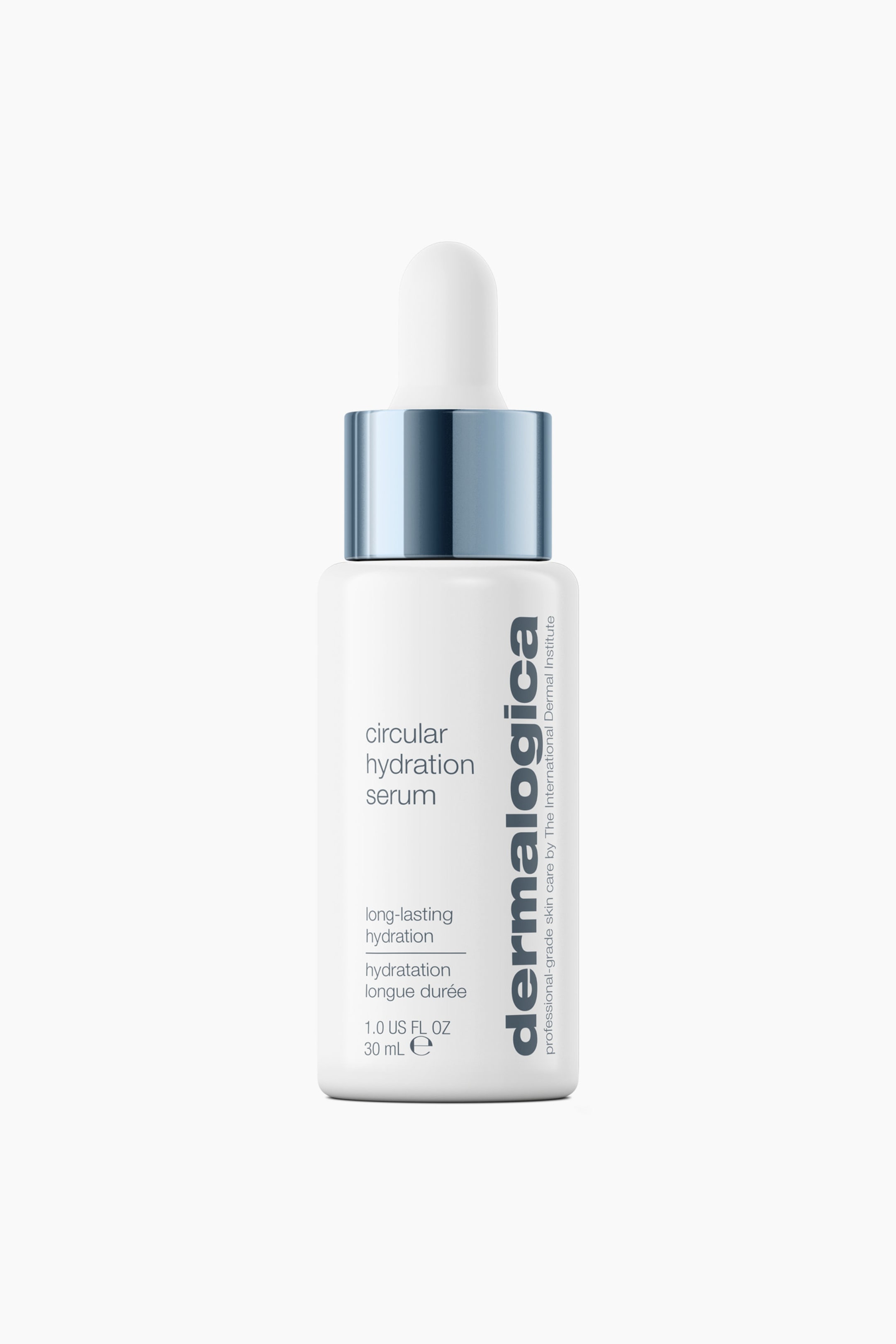 Visa större bild: En vit cylindrisk flaska med Dermalogica Circular Hydration Serum står upprätt och vänd framåt. Flaskan har en droppkork med en vit gummitopp och en blank metallisk blå krage, samt grå och svart produktmärkning på framsidan.