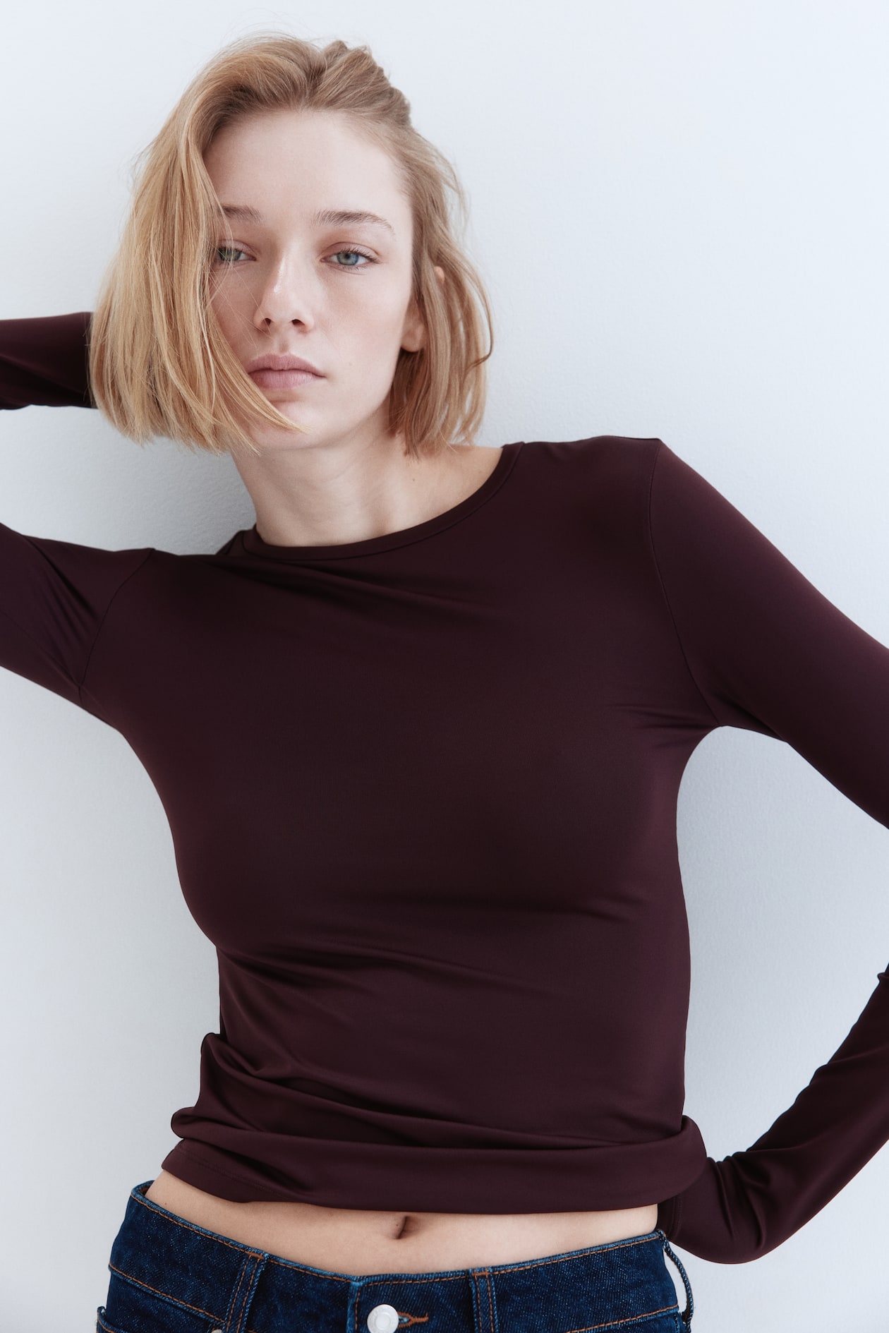 Maglia In Cotone A Maniche Lunghe, Bordeaux --48 - Foto 5