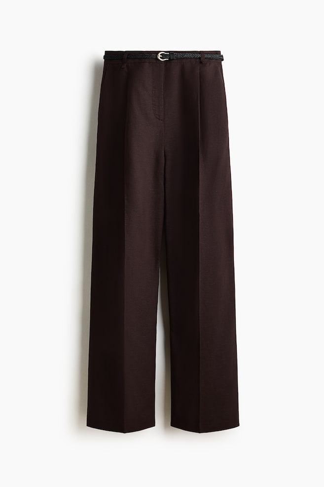 Linen-Blend Pants with Belt - Dark brown - 1