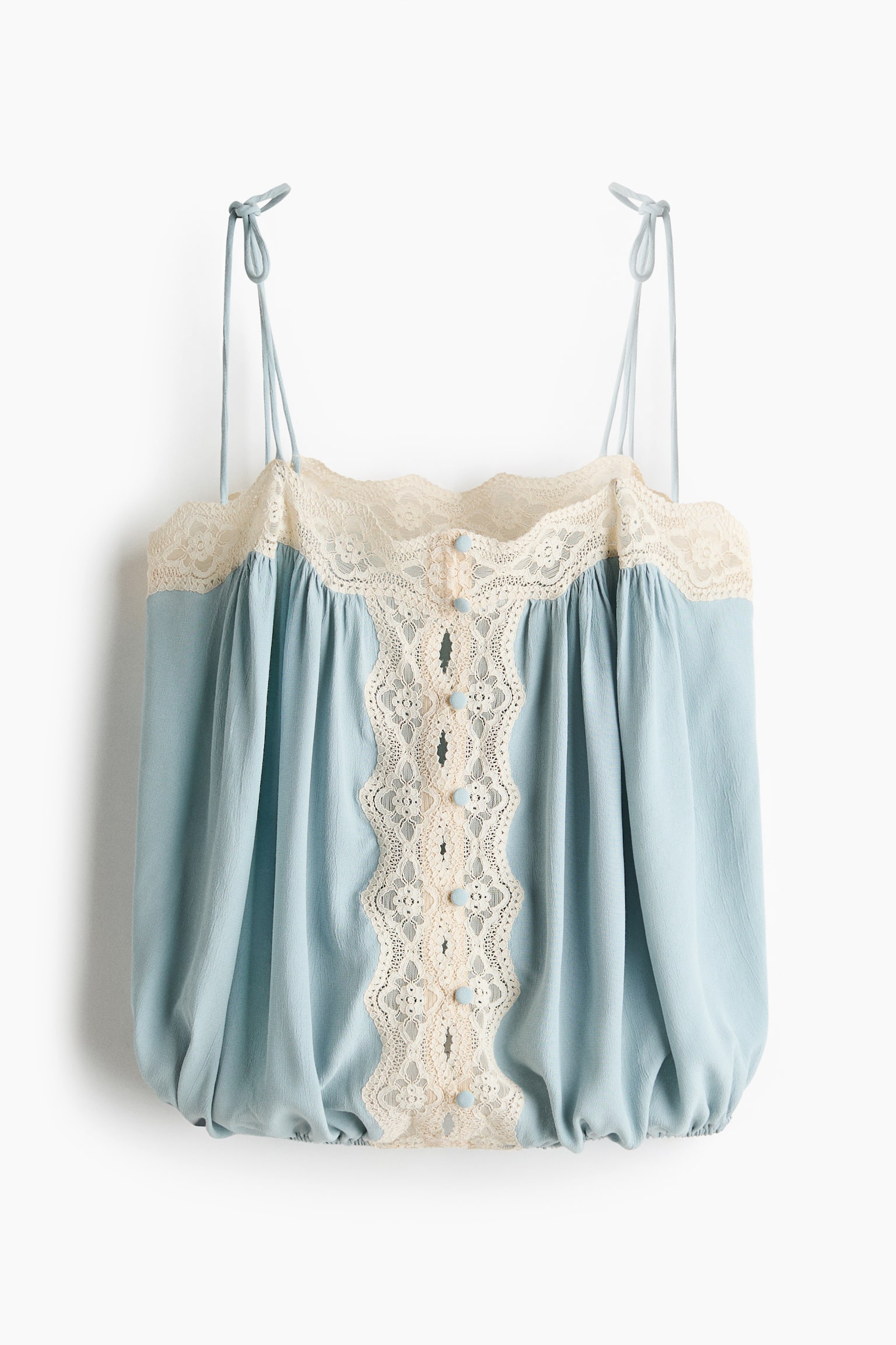 Lace-Trimmed Top with Tie Shoulder Straps - Light blue/cream - 1