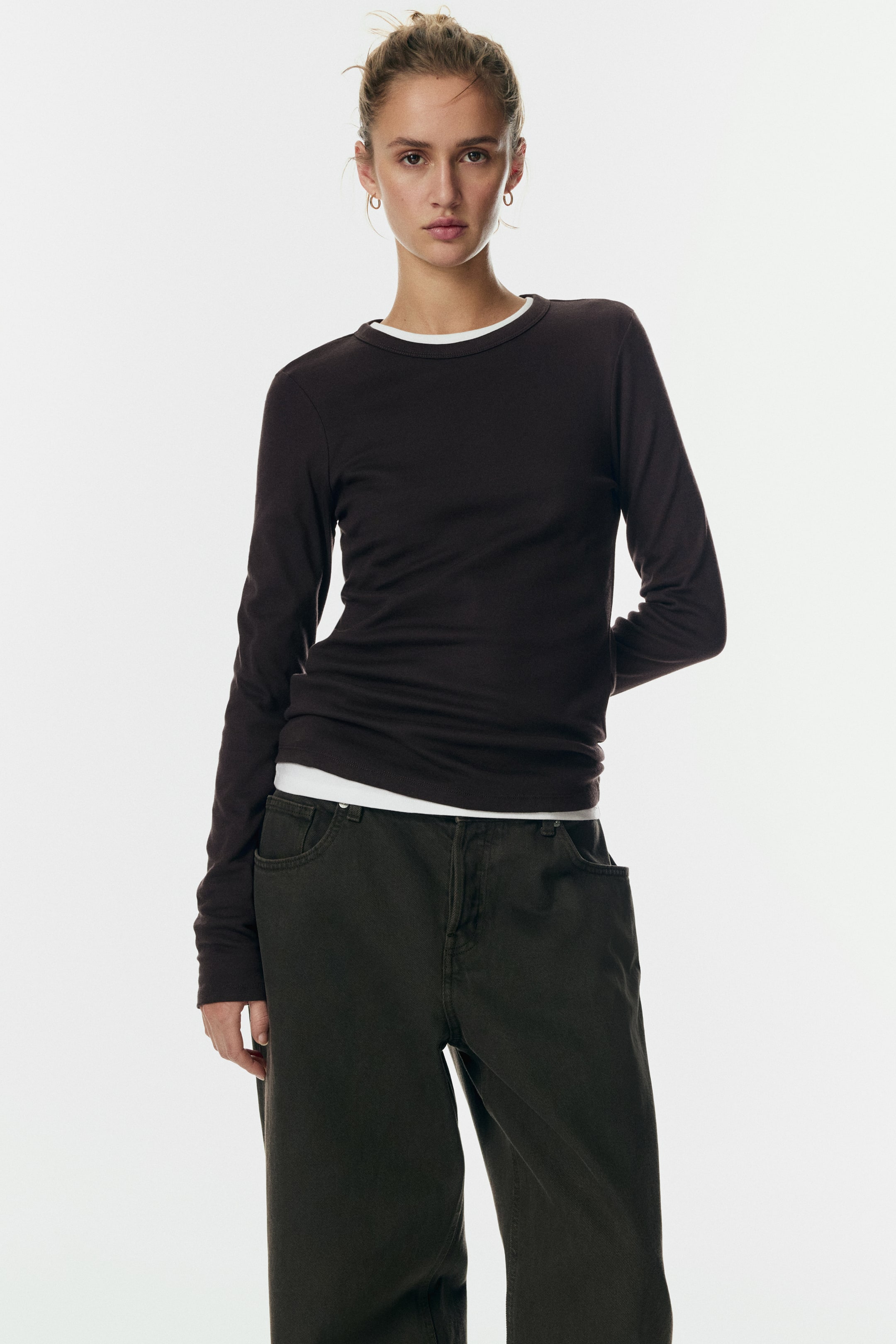 이미지 확대 보기: 롱 슬리브 저지 탑 - 다크 브라운 - 여성 | H&M KR 1