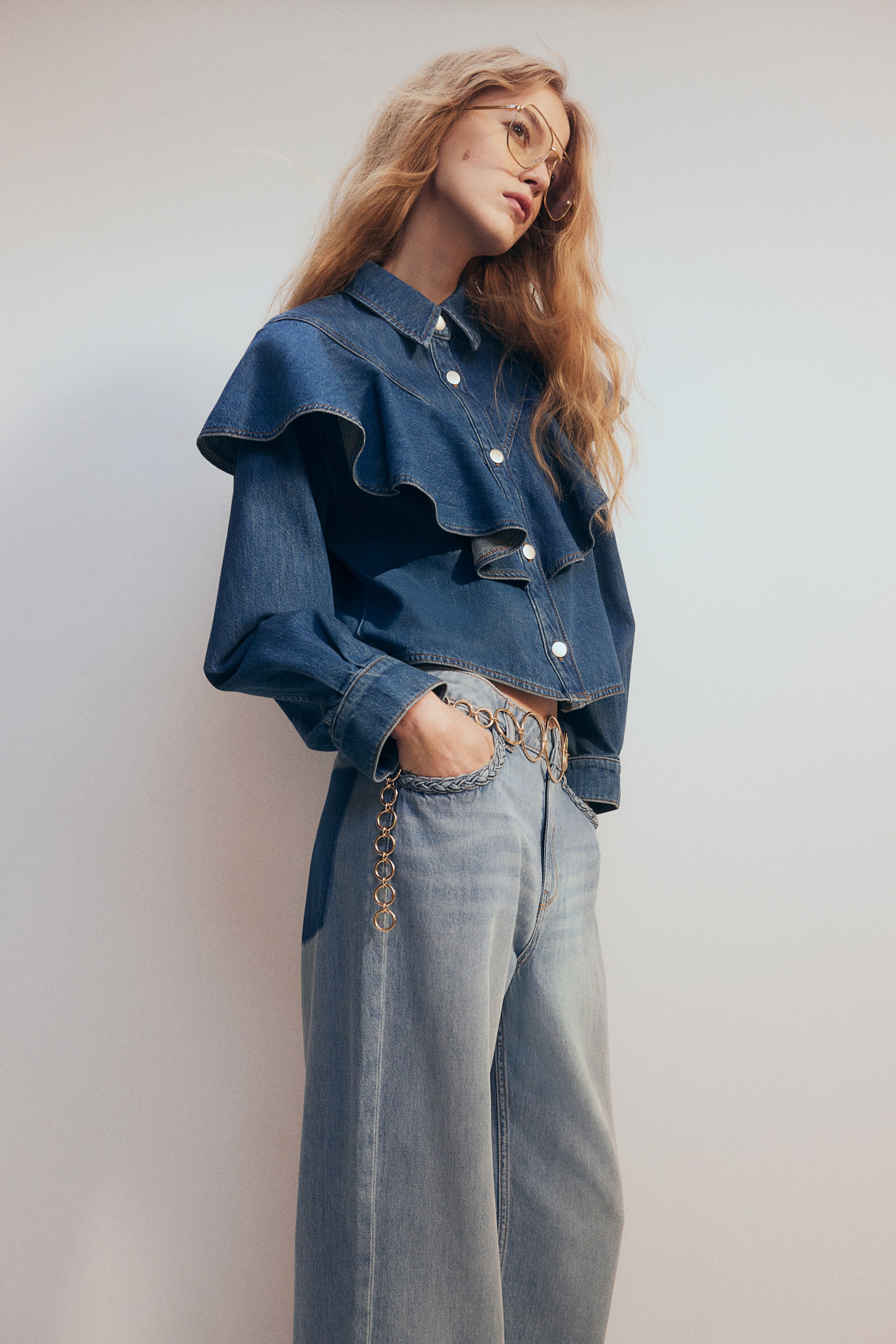 Flounce-Trimmed Denim Shirt