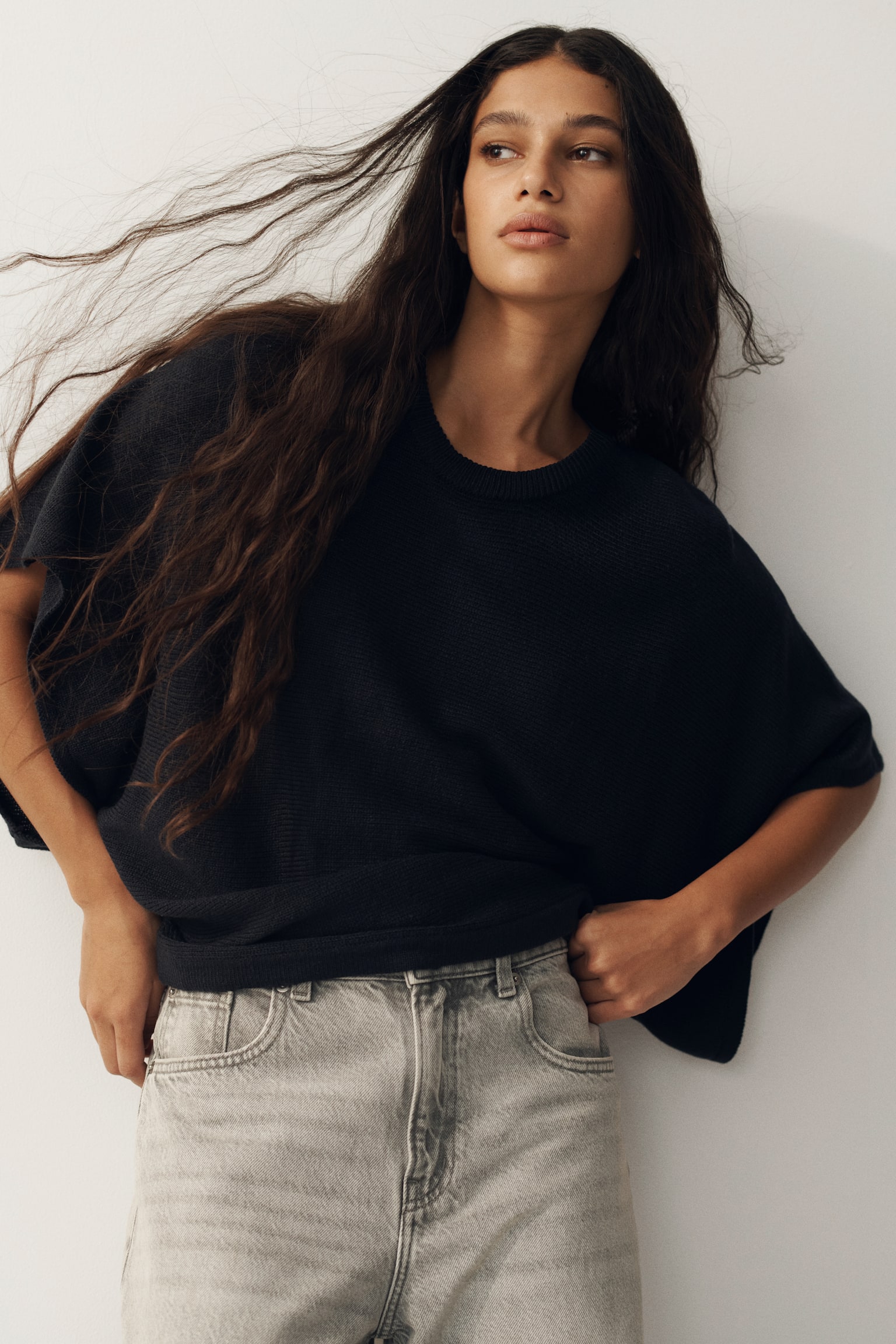 Batwing-sleeved knitted top - Navy blue - 4