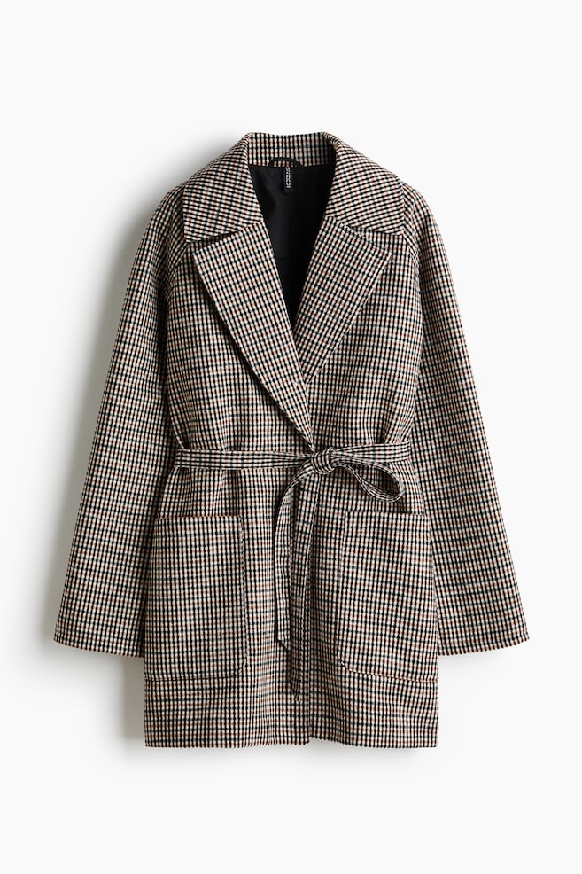 Tie-belt coat - Light beige/Checked/Black - 1