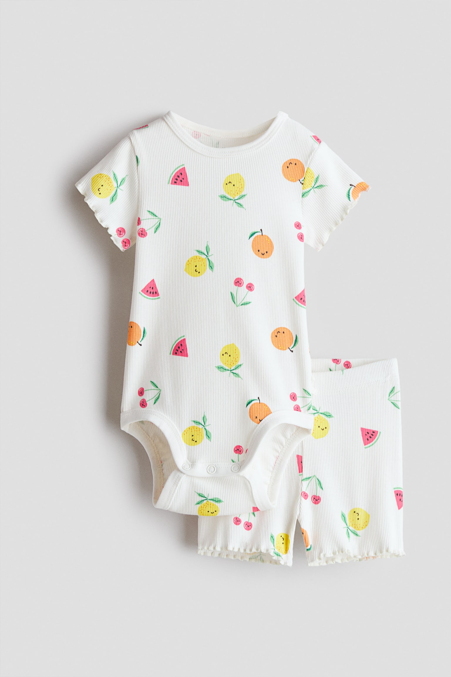 Ensemble 2 pièces en coton côtelé - Blanc/fruits/Blanc/fleuri/Rose clair/cerises