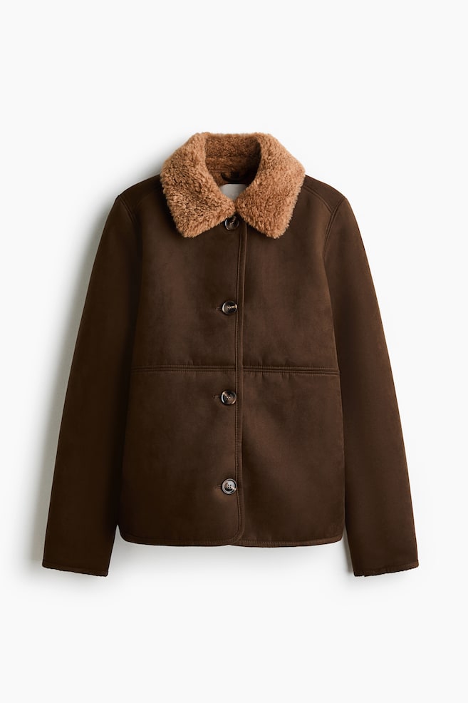 Jacket with Teddy Fleece Collar - Dark brown - 1