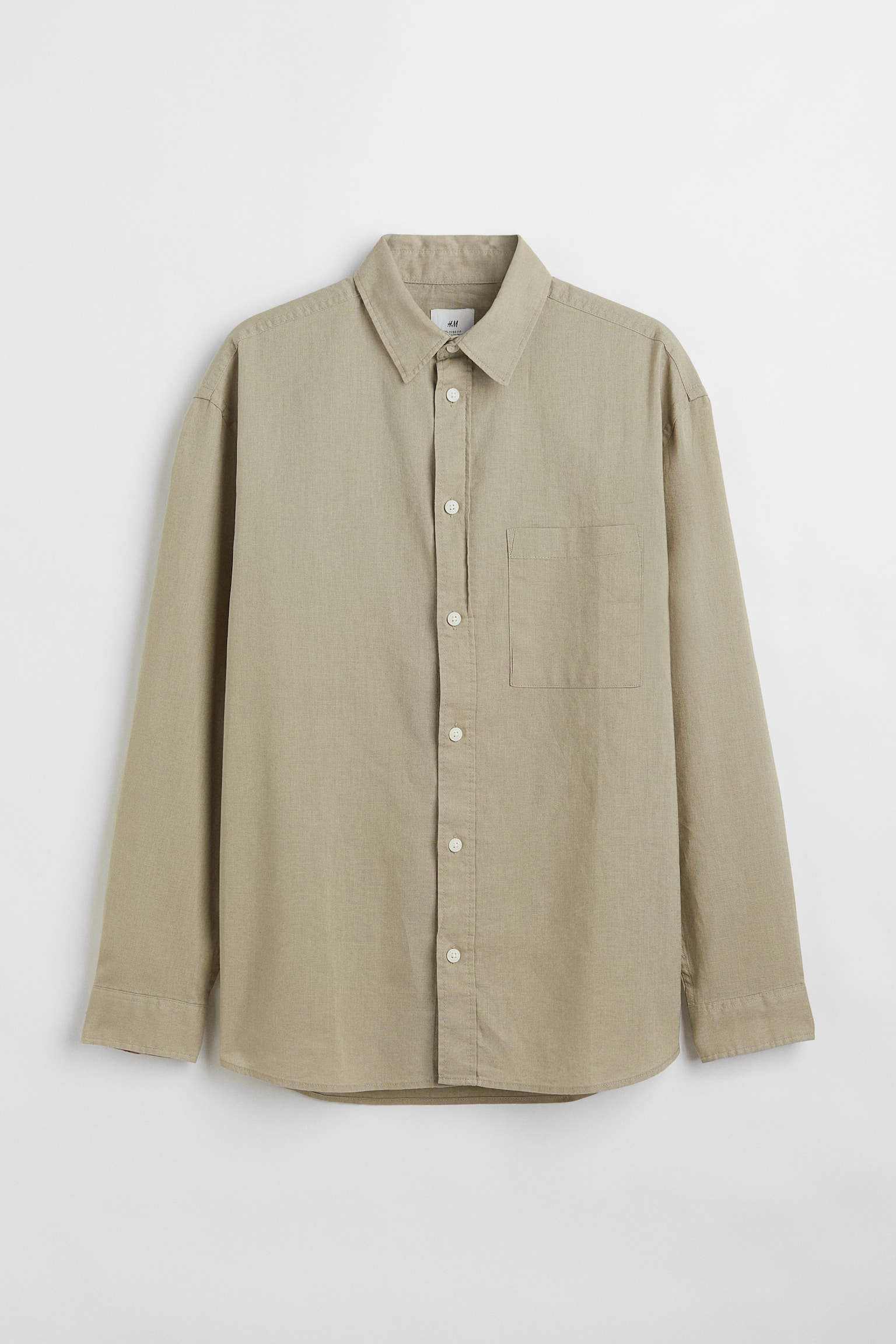 Relaxed Fit Linen Blend Shirt - Light khaki green/Light beige/White - 1