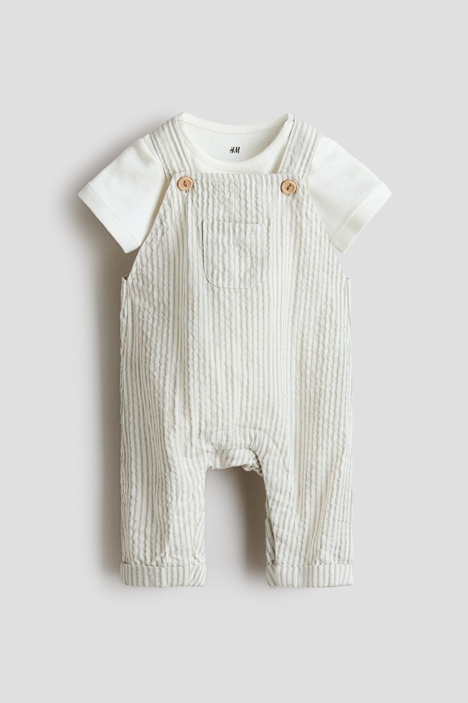 2-piece cotton set - White/Beige striped - 1