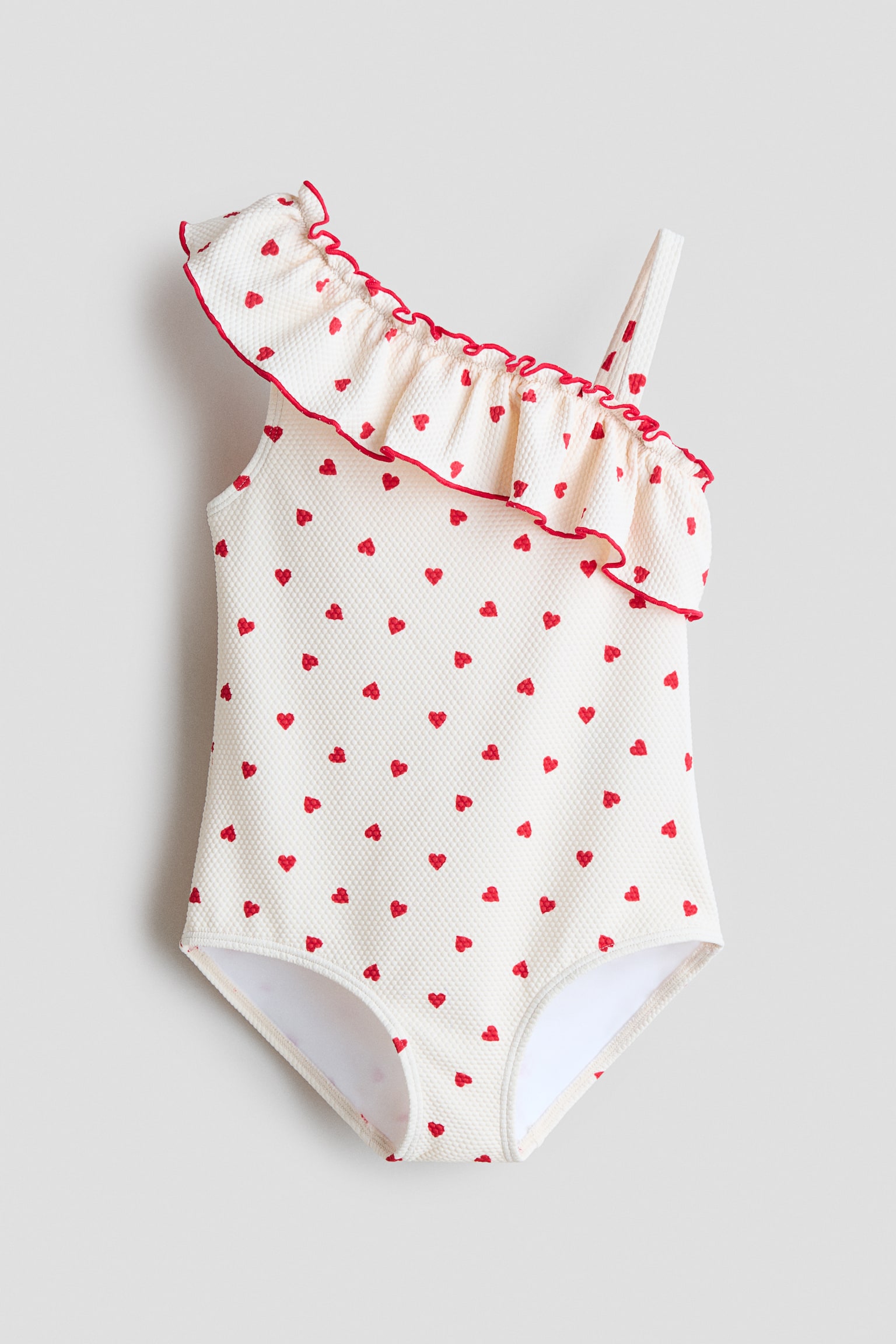 Flounced one-shoulder swimsuit - Cream/Hearts