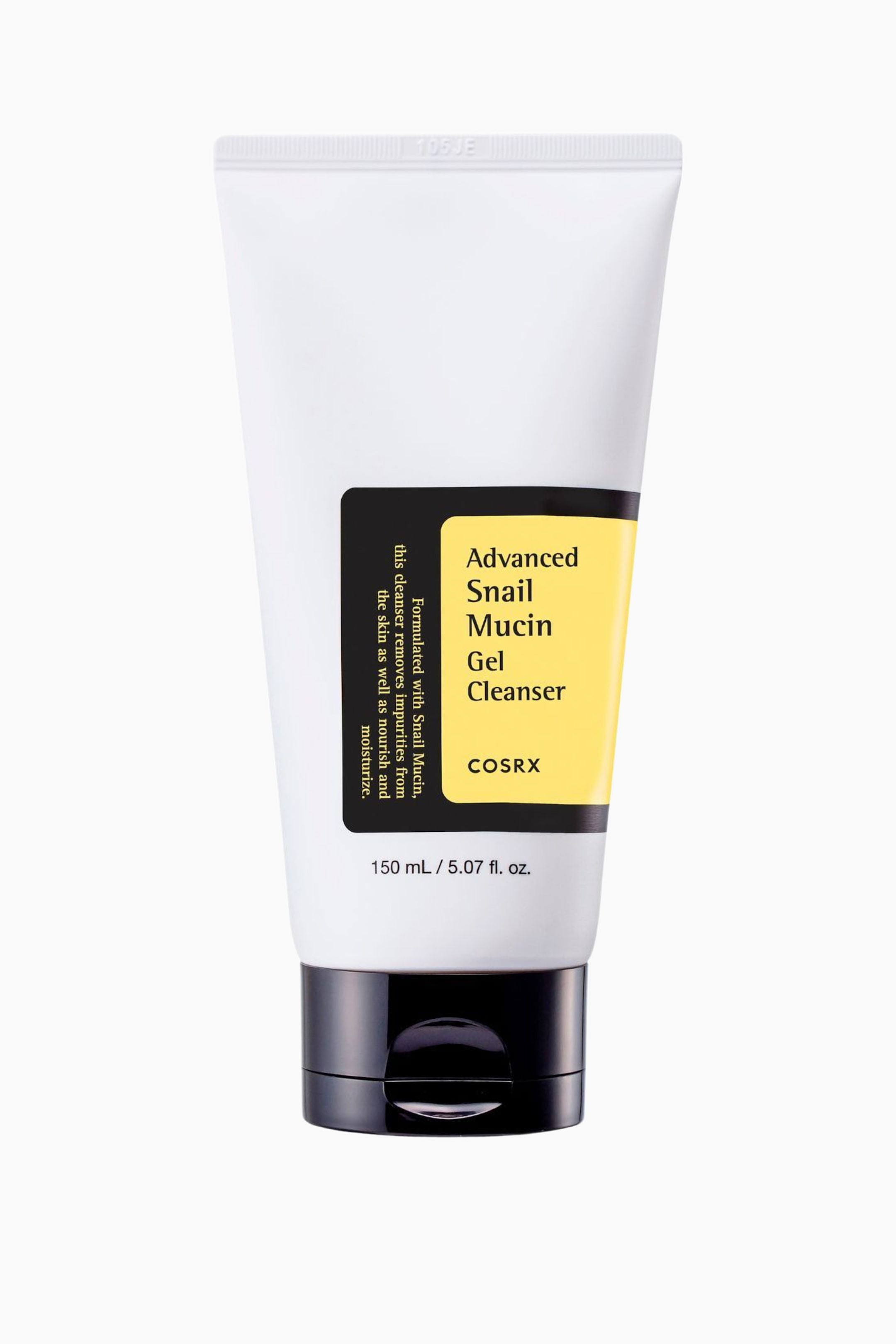 Größeres Bild ansehen: Eine Tube des Advanced Snail Mucin Gel Cleanser steht aufrecht und frontal ausgerichtet. Die weiße Squeeze-Tube zeigt ein schwarz-gelbes Etikett mit „Advanced Snail Mucin Gel Cleanser“ und „COSRX“ in gelber Schrift sowie Text, der die Formulierung und Vorteile beschreibt. Am unteren Ende befindet sich ein schwarzer Klappverschluss; darunter ist „150 mL / 5.07 fl. oz.“ aufgedruckt.