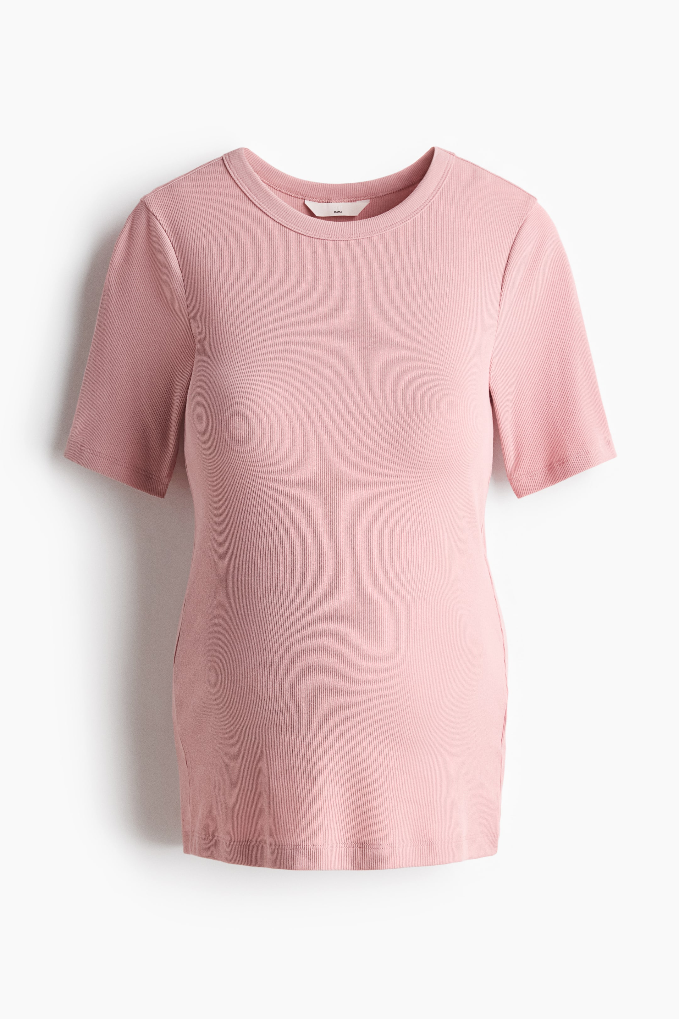 Ver imagen más grande: Una camiseta ajustada de color rosa muestra su parte frontal, con una textura de jersey acanalado, un cuello redondo con ribete, mangas cortas y un dobladillo de corte recto.
