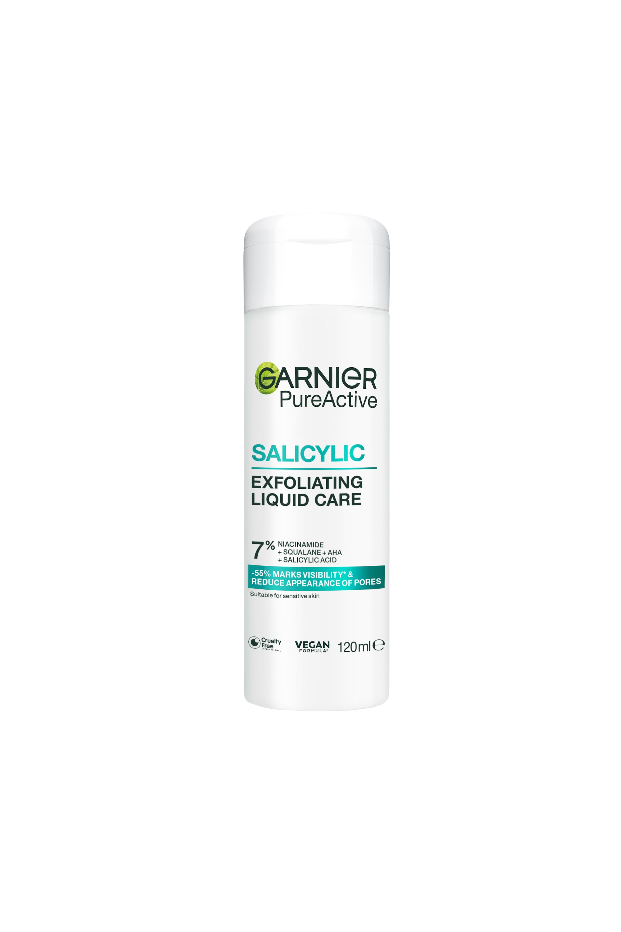 Visa större bild: En vit cylindrisk flaska av Garnier Pure Active Salicylic Exfoliating Liquid Care står upprätt och visar upp sin frontetikett och ett vitt flip-top-lock. Etiketten visar varumärkesnamnet, "Salicylic Exfoliating Liquid Care" i turkos och svart text, och listar nyckelingredienser inklusive 7 % niacinamid, squalane, AHA och salicylsyra.