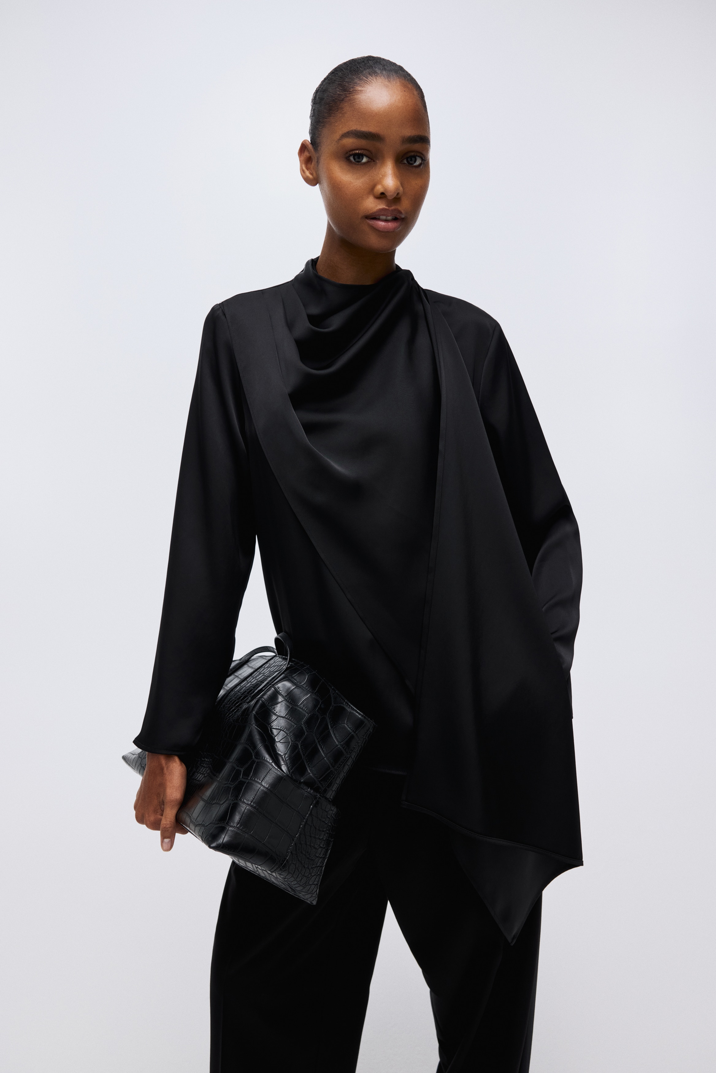 Shawl-detail satin blouse