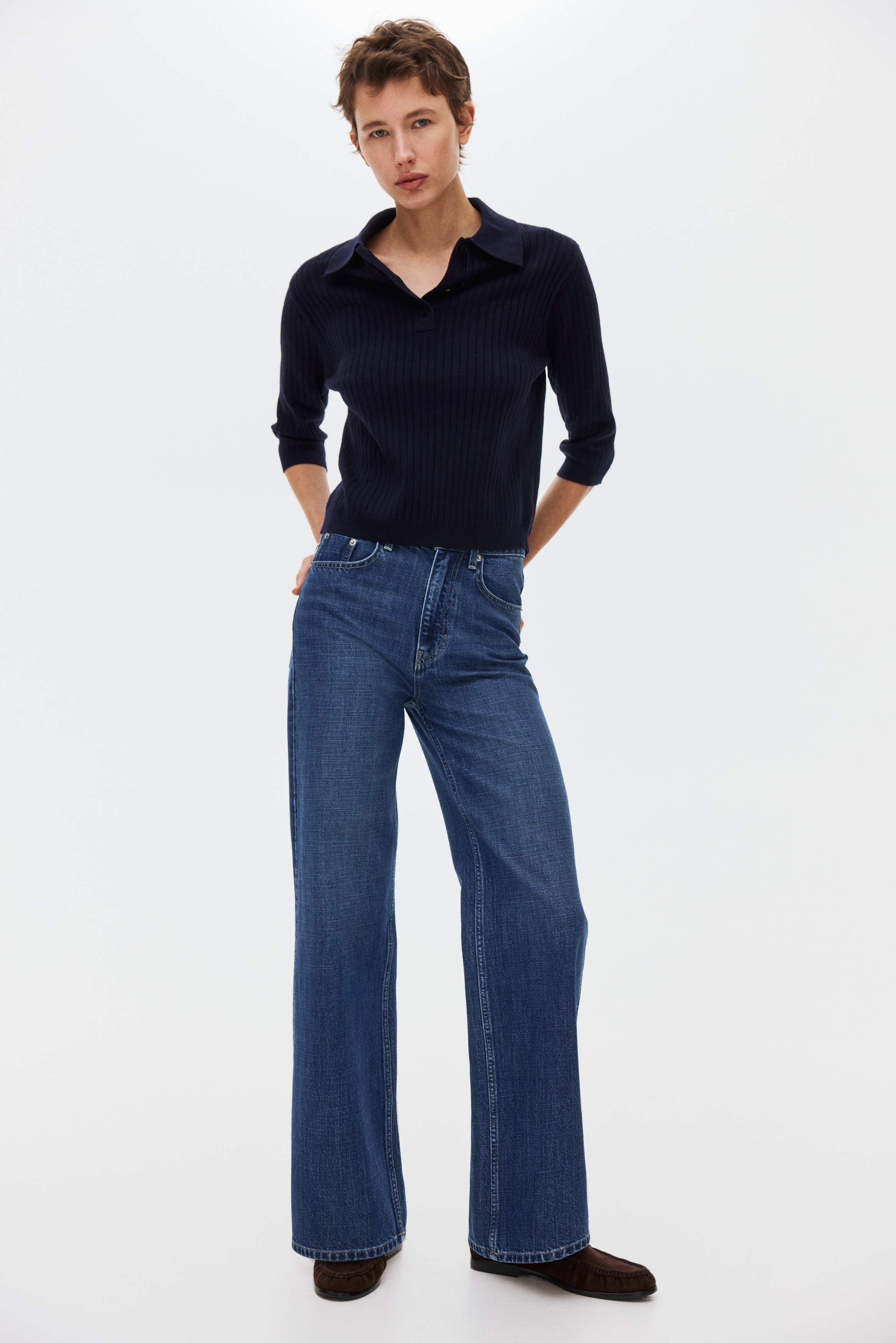 Bluza od rebrastog pletiva - Mornarsko plava/Tamnobež