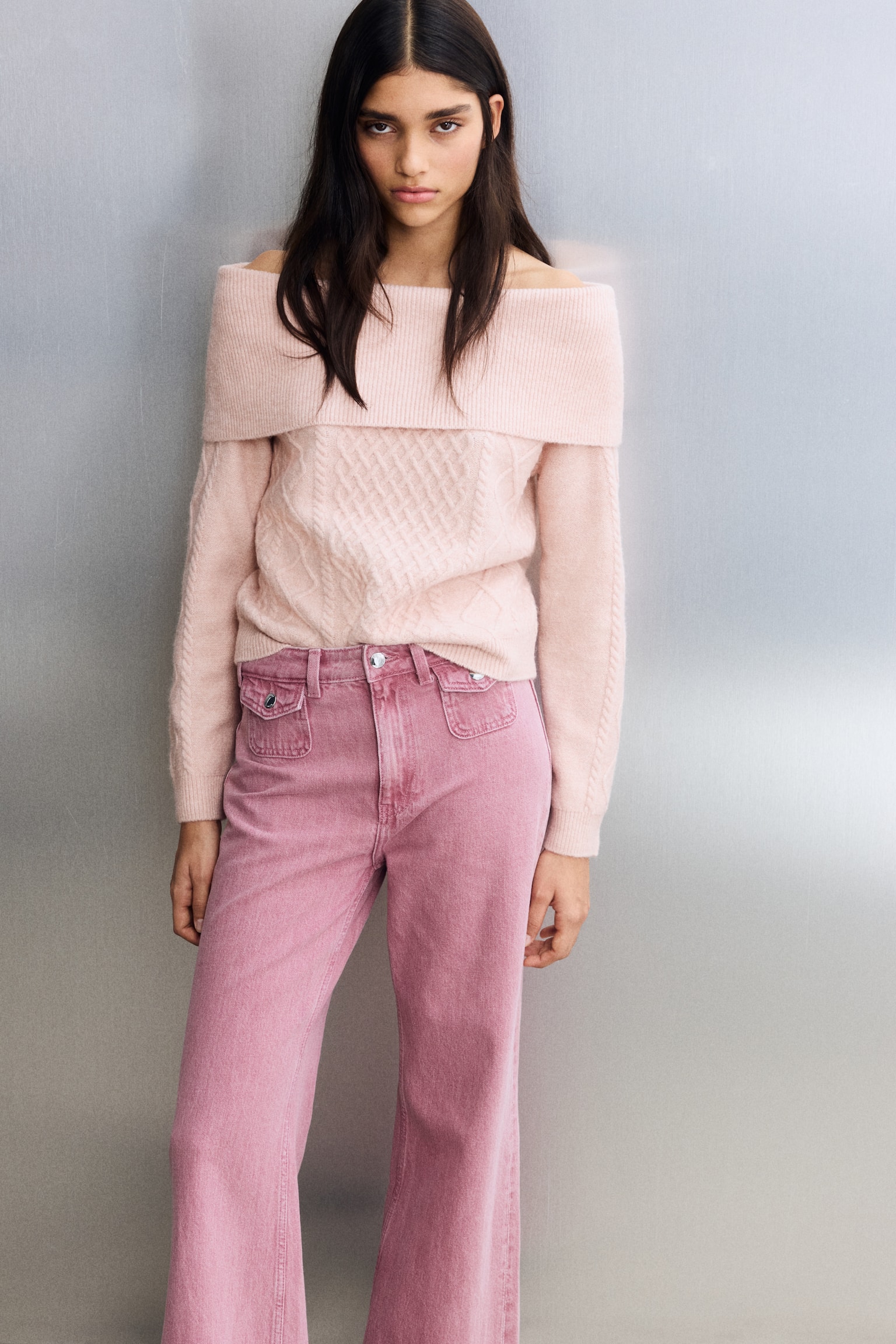 Suéter a los hombros - Rosa claro/Beige jaspeado claro/Gris jaspeado/Rojo ciruela - 4