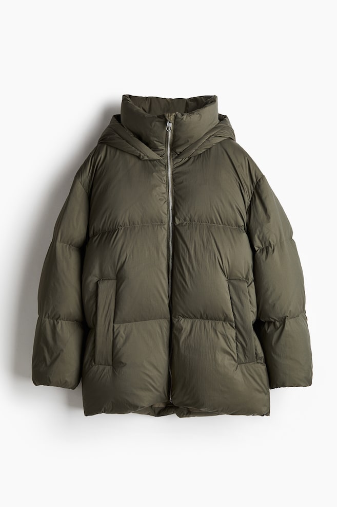 Oversized down puffer jacket - Dark khaki green/Greige - 1