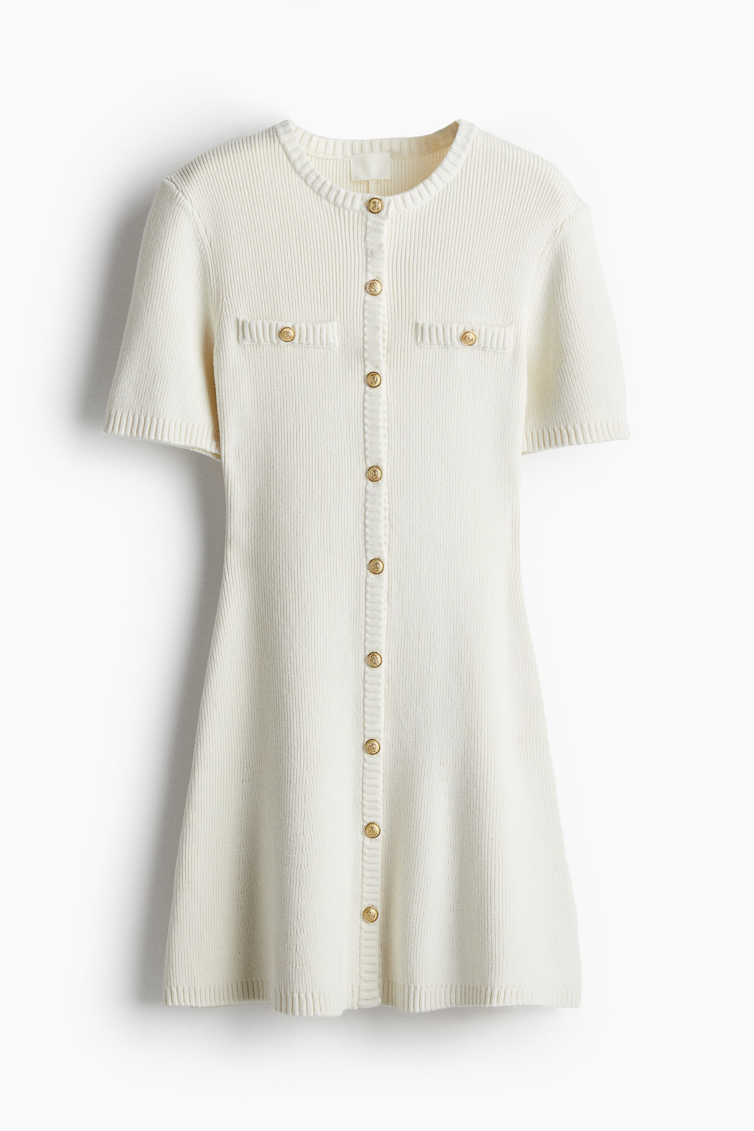 Rib Knit Button Front Dress - Cream/Black - 2