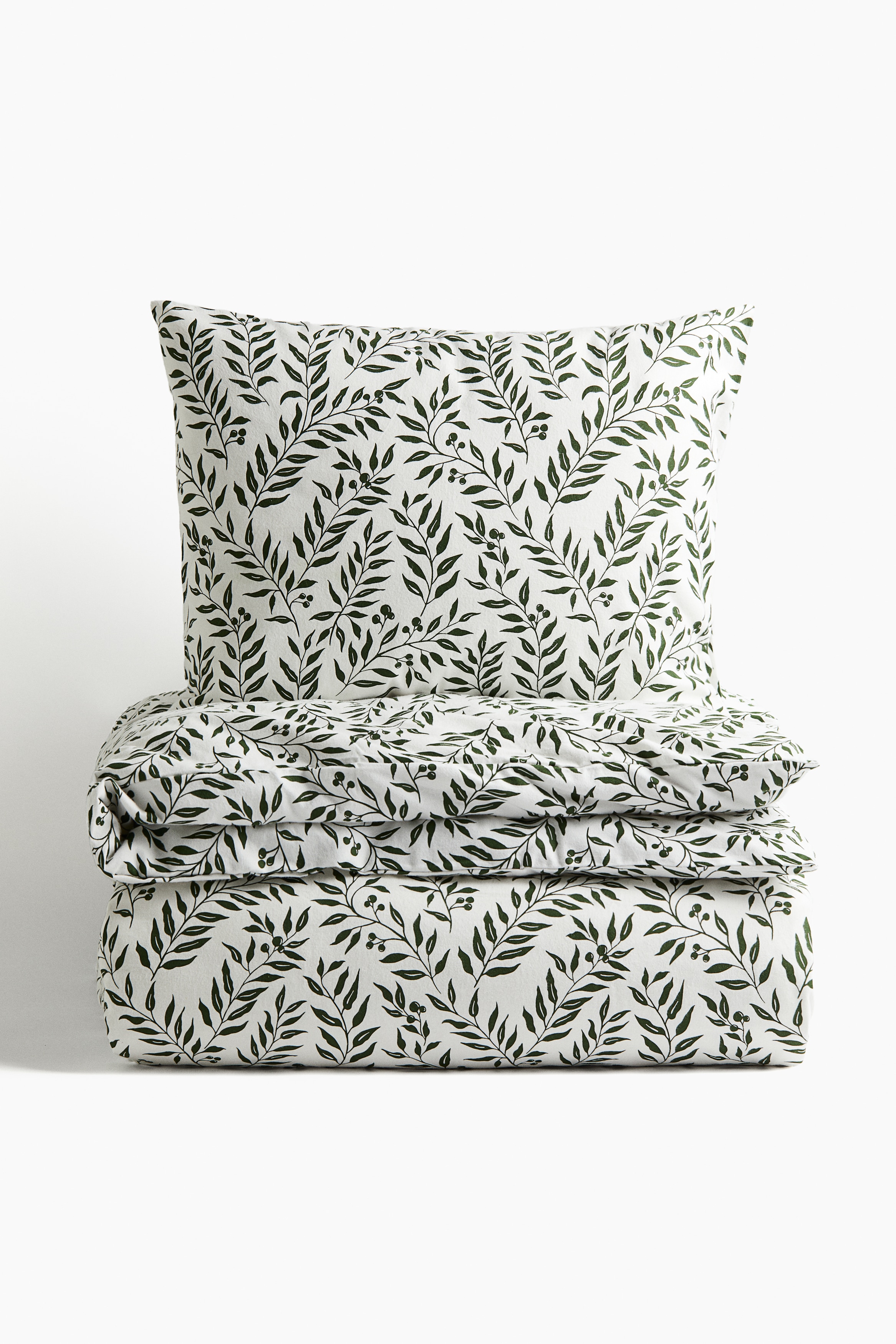 H&M Home  - Enkelt sengesett i flanell - Mørk grønn/Misteltein - size: 140x200 50x70