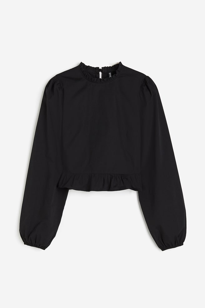 Puff-sleeved peplum blouse - Black/White/Light blue/Striped - 2