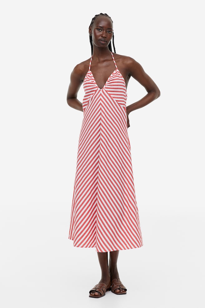 Halterneck cotton dress - Red/Striped - 1