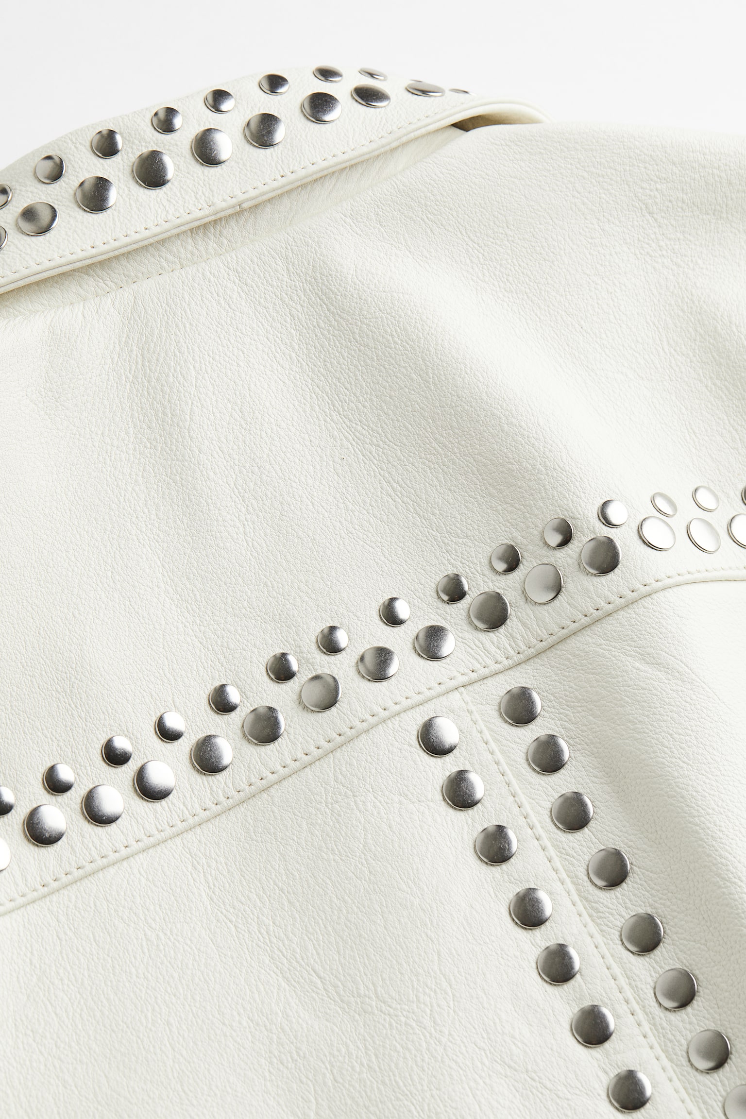 Studded Leather Biker Jacket - Cream - 4