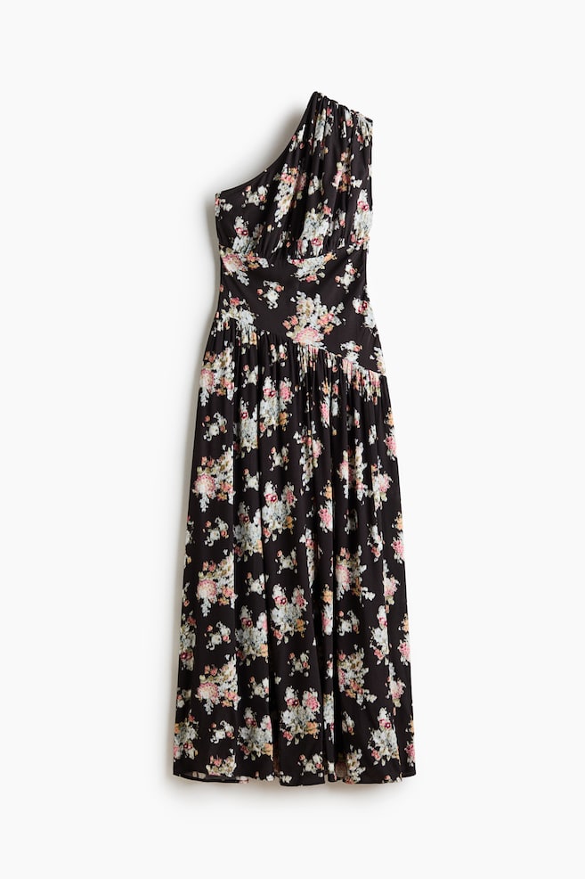 Robe asymétrique à effet drapé - Noir/fleuri/Rouge vif - 1