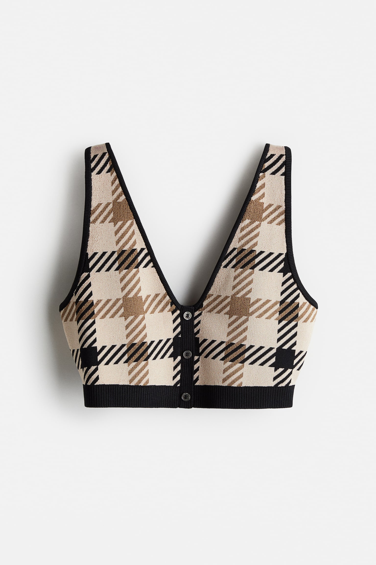 Jacquard-knit Bra Top - Light beige/plaid