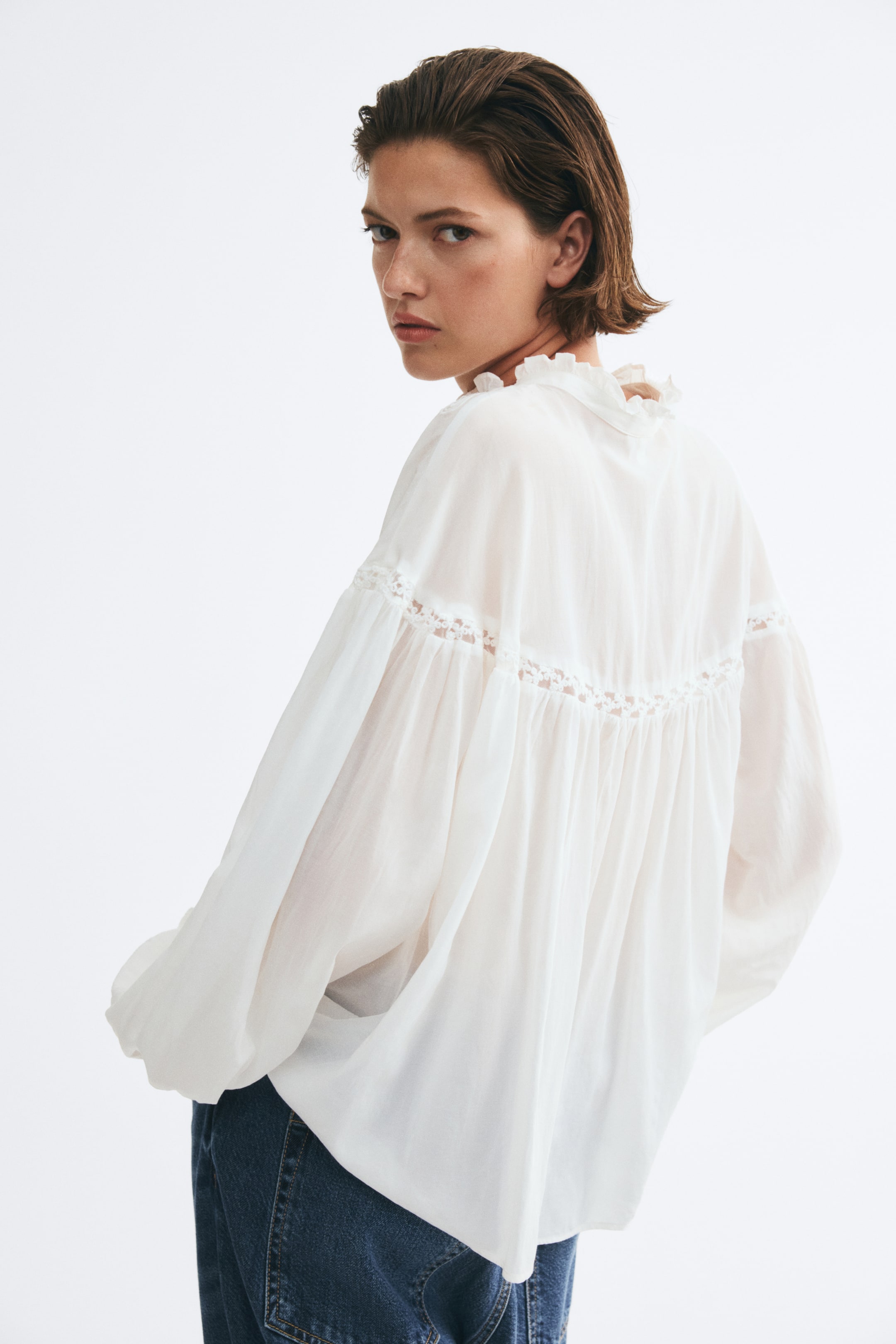 Lace-Inset Balloon-Sleeved Blouse