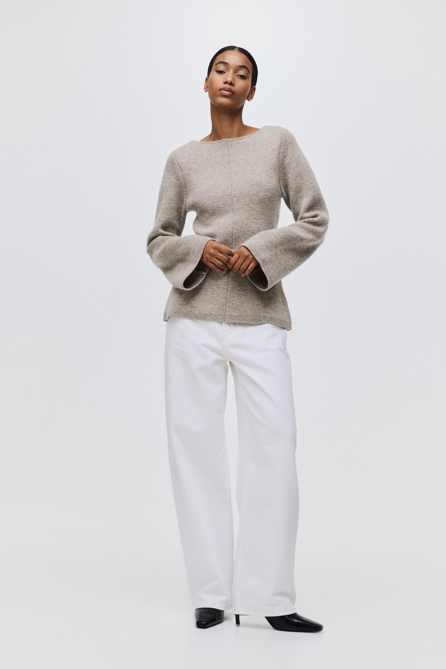 Top de lana en peplum - Beige jaspeado claro/Negro/Beige claro - 5