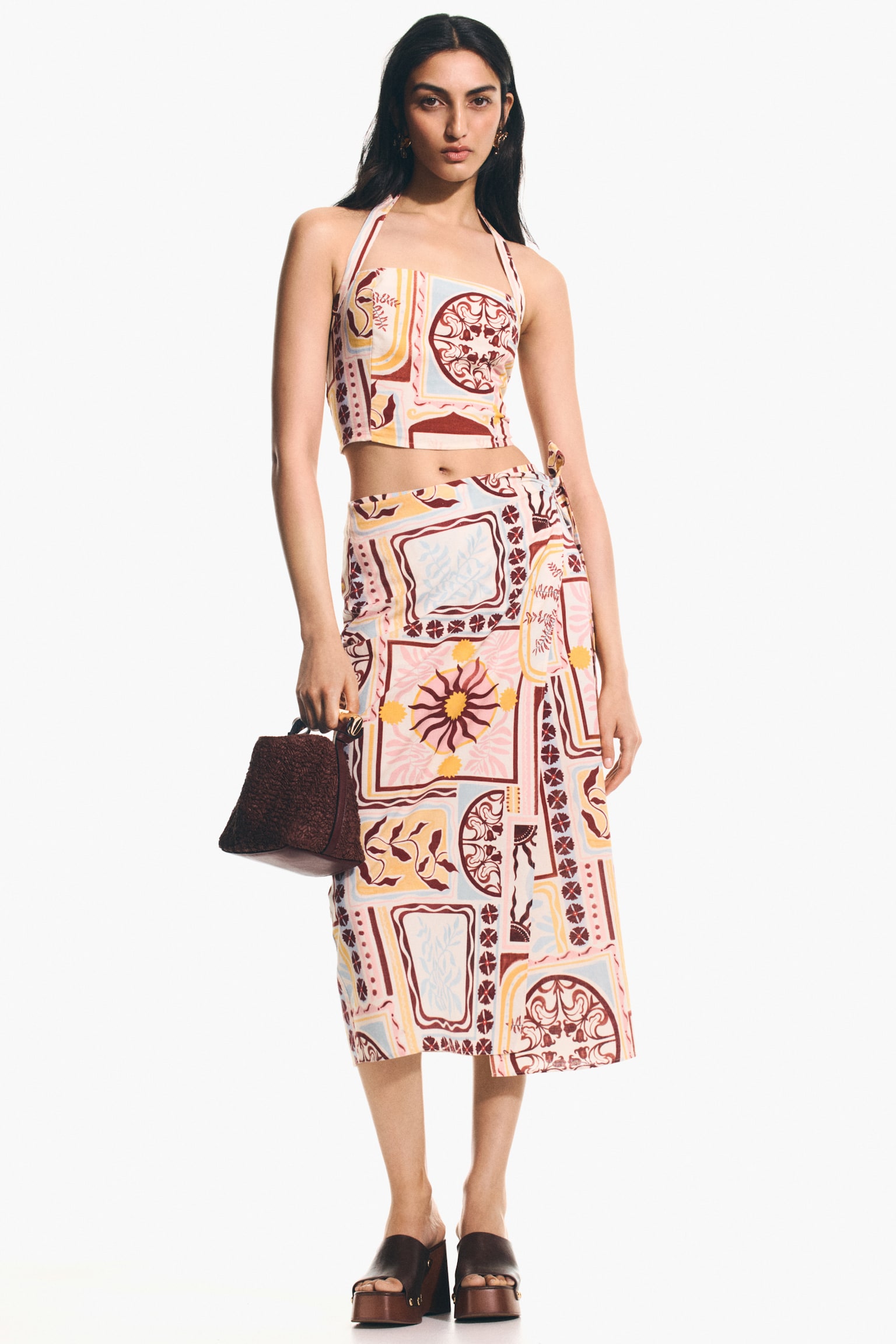 Falda cruzada en mezcla de lino - Crema/Diseño/Beige claro/Franjas - 1