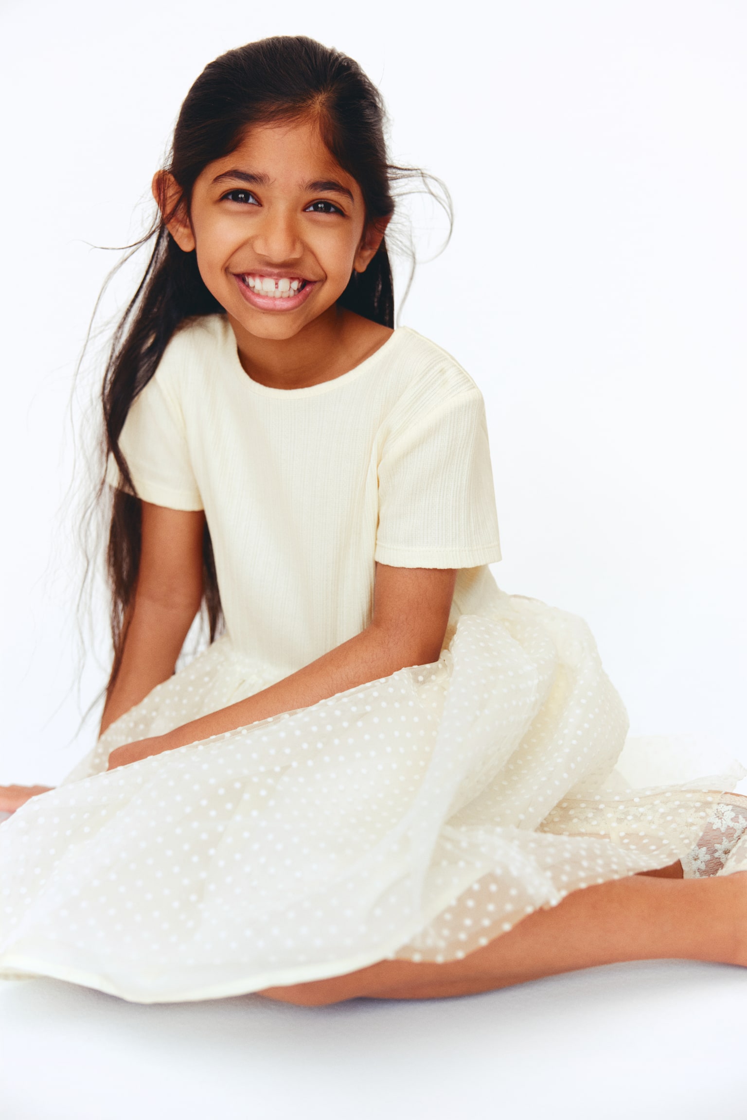 Robe avec jupe en tulle floquée - Crème/pois/Bleu clair - 3