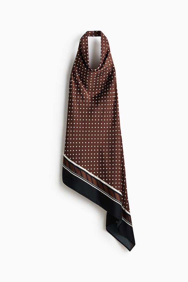 Asymmetric satin halterneck dress - Brown/Polka dot - 1