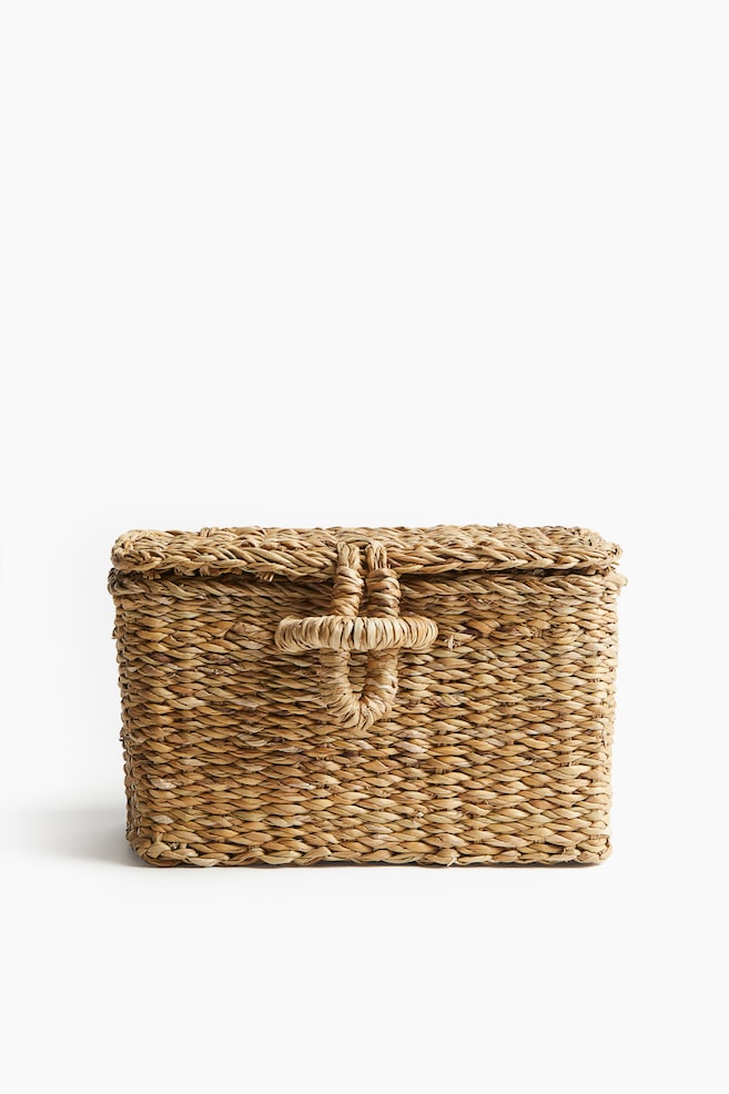Panier de rangement en jonc de mer avec couvercle - Beige - 1