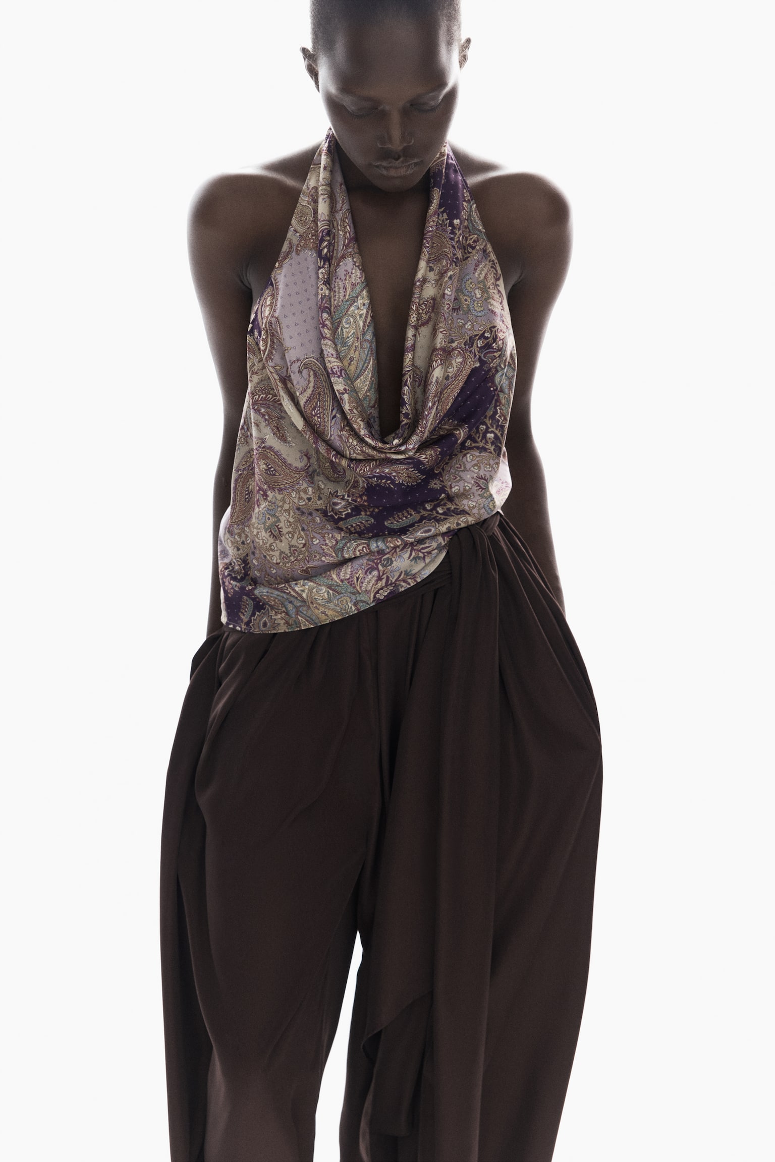 Draped halterneck top - Light purple/Paisley pattern/Turquoise - 1