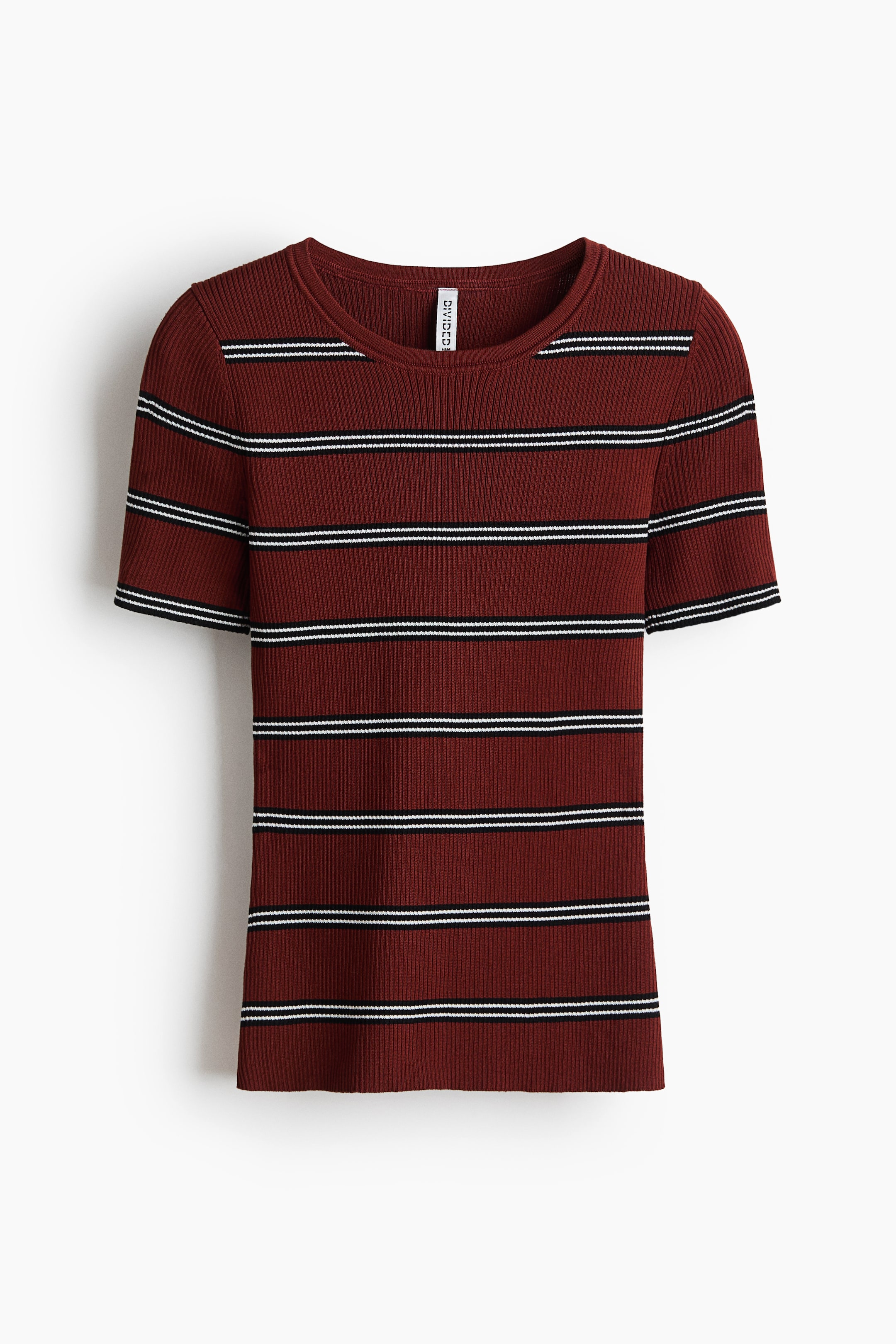 View larger image: The short-sleeve top is a dark red ribbed knit, featuring horizontal triple stripes of white, black, and white across its front. It is designed with a round neckline and short sleeves.