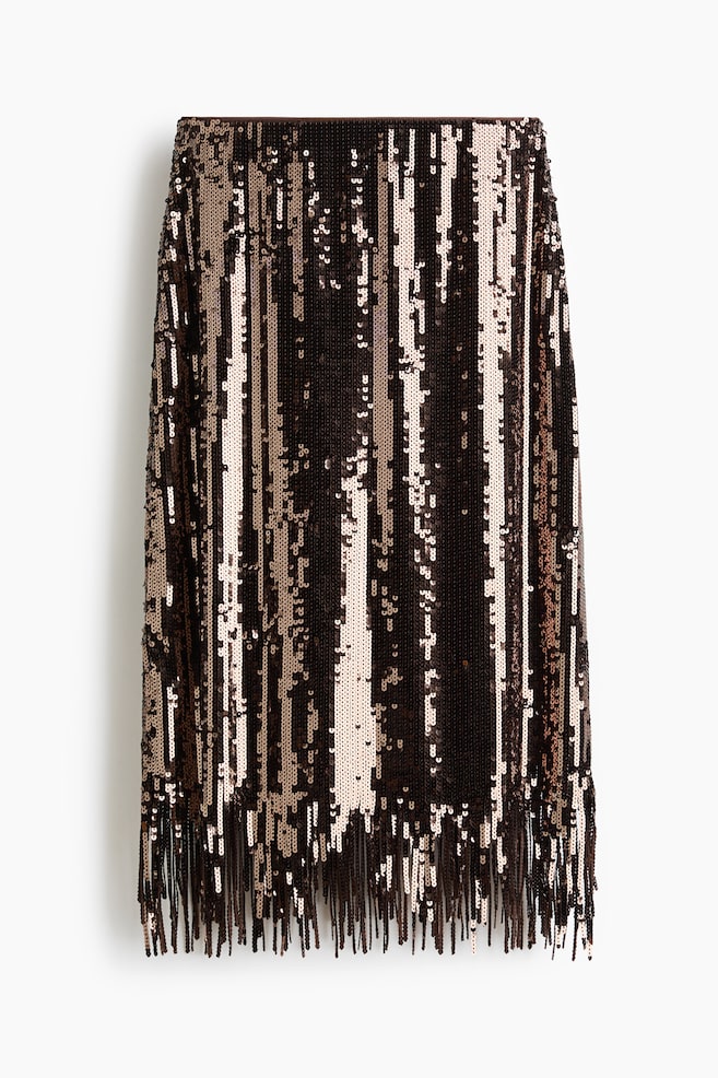 Fringe-trimmed sequined skirt - Dark brown - 1