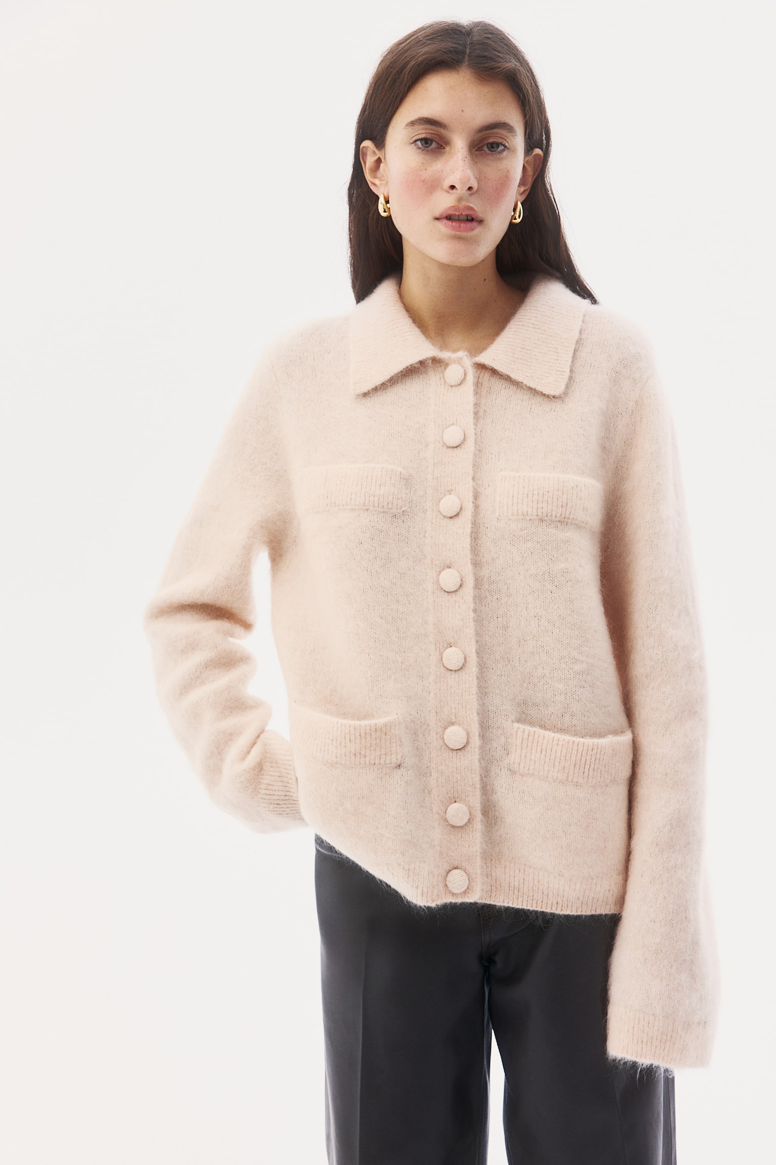 Mohair-blend collared cardigan - Powder pink/Dark beige - 6