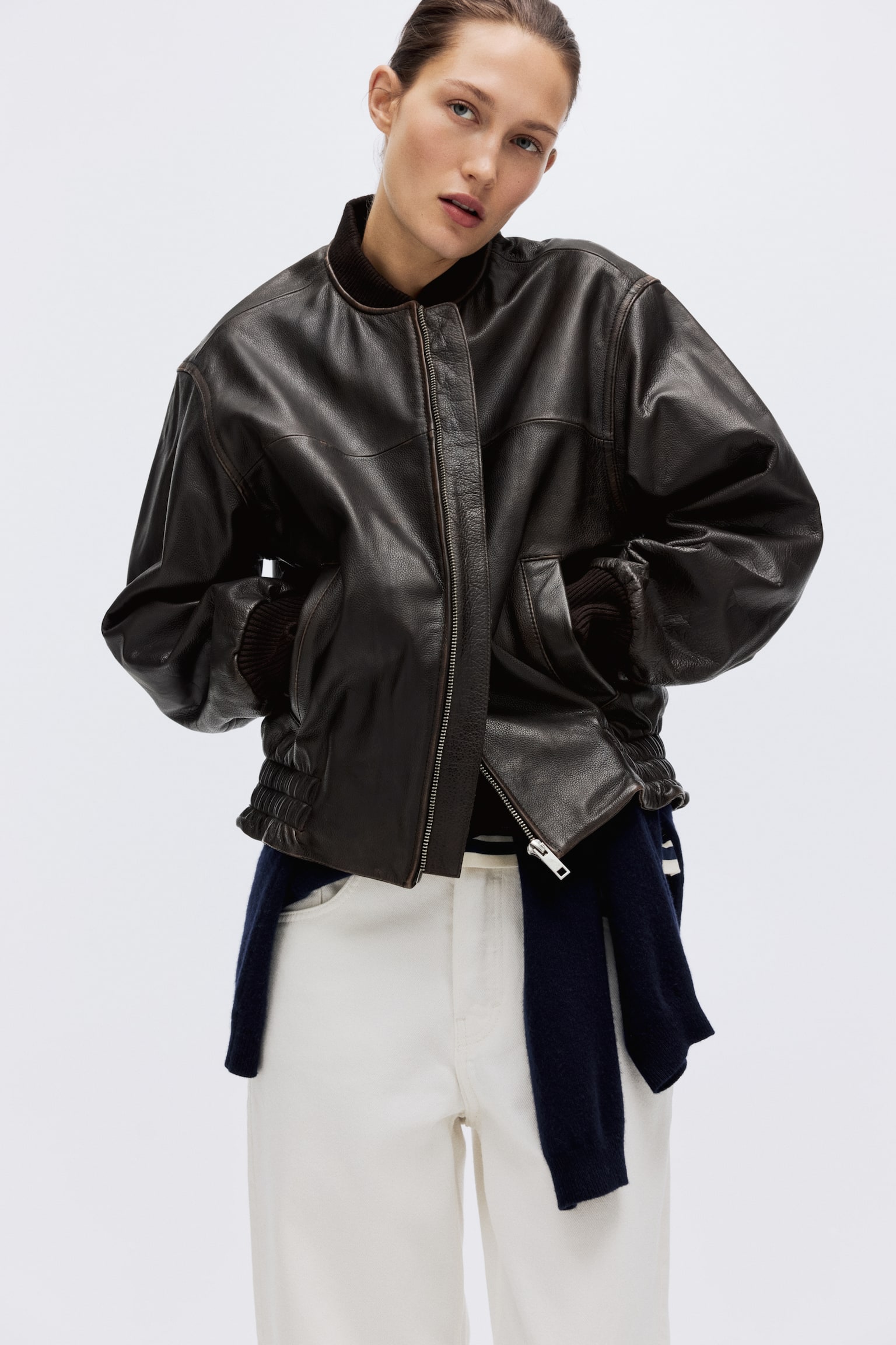Leather bomber jacket - Dark brown - 1