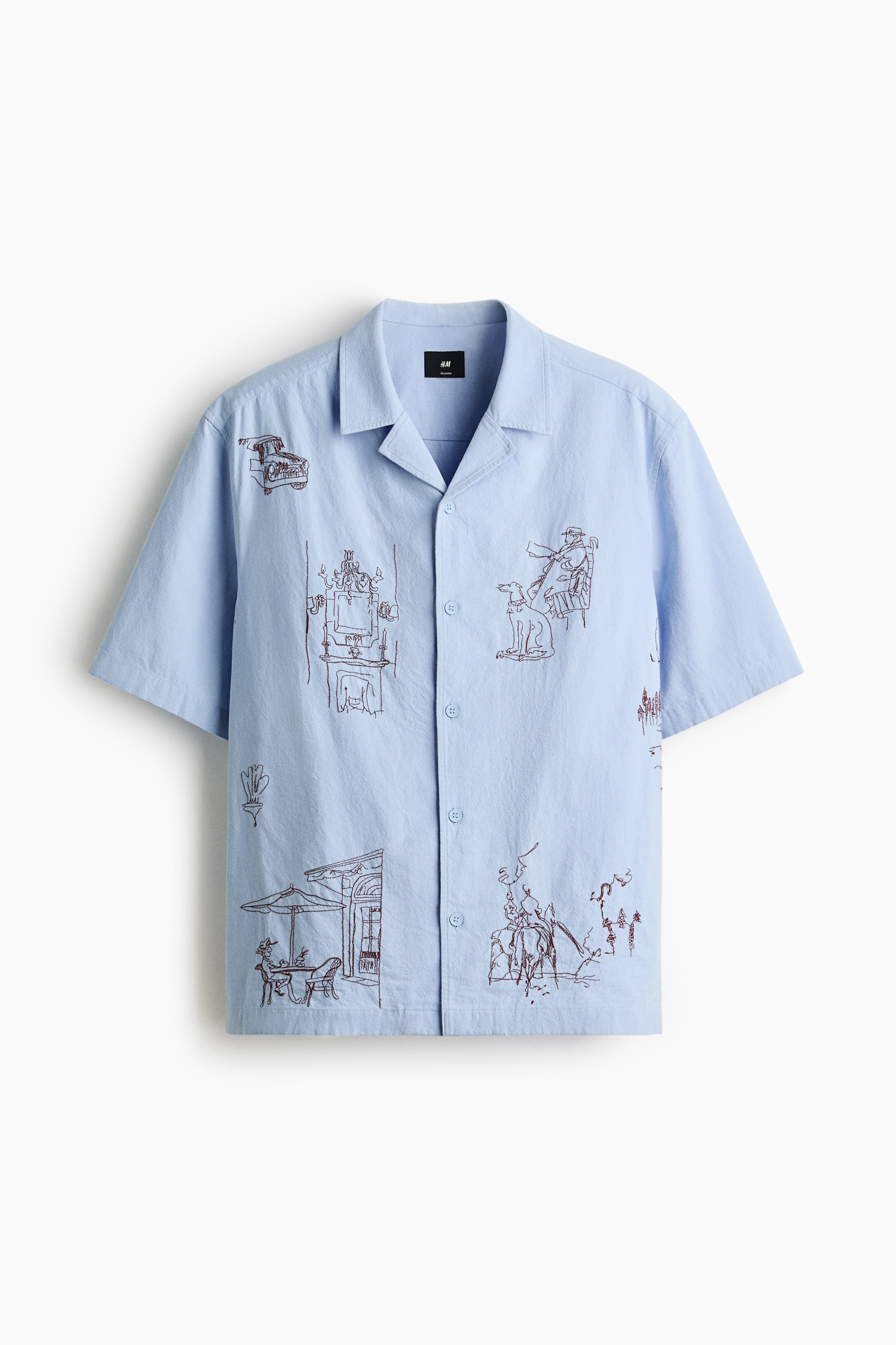 View larger image: A light-blue, short-sleeved shirt in a cotton weave, featuring a resort collar, a French front and a straight-cut hem. Designed for a relaxed fit, it is finished with brown embroidered motifs across the front.