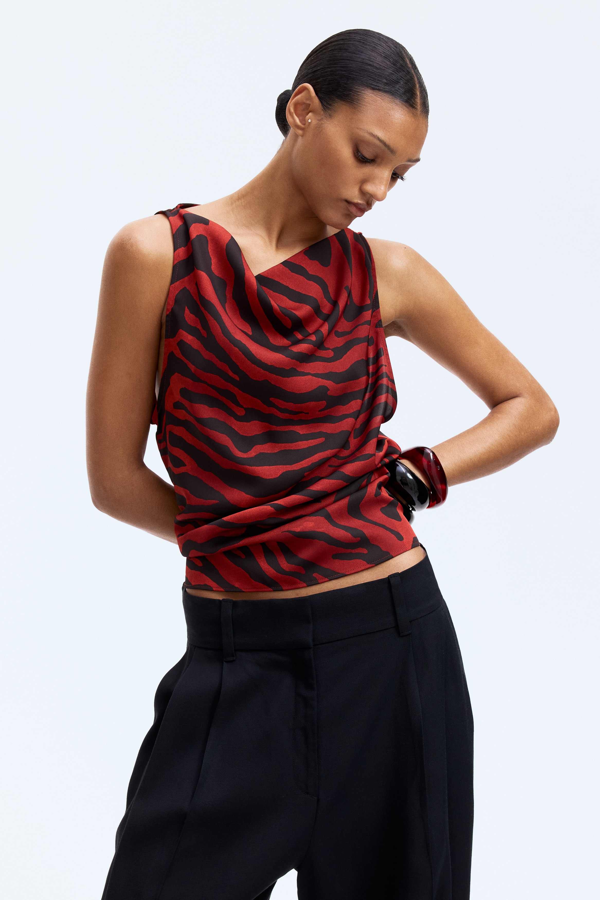 Cowl-Neck Satin Top - Rust red/zebra print/Red