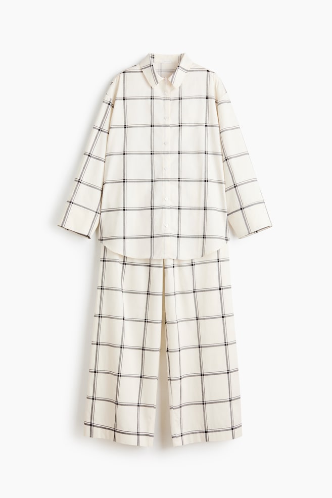 Karierter Pyjama aus Baumwollsatin - Cremefarben/Kariert - 1