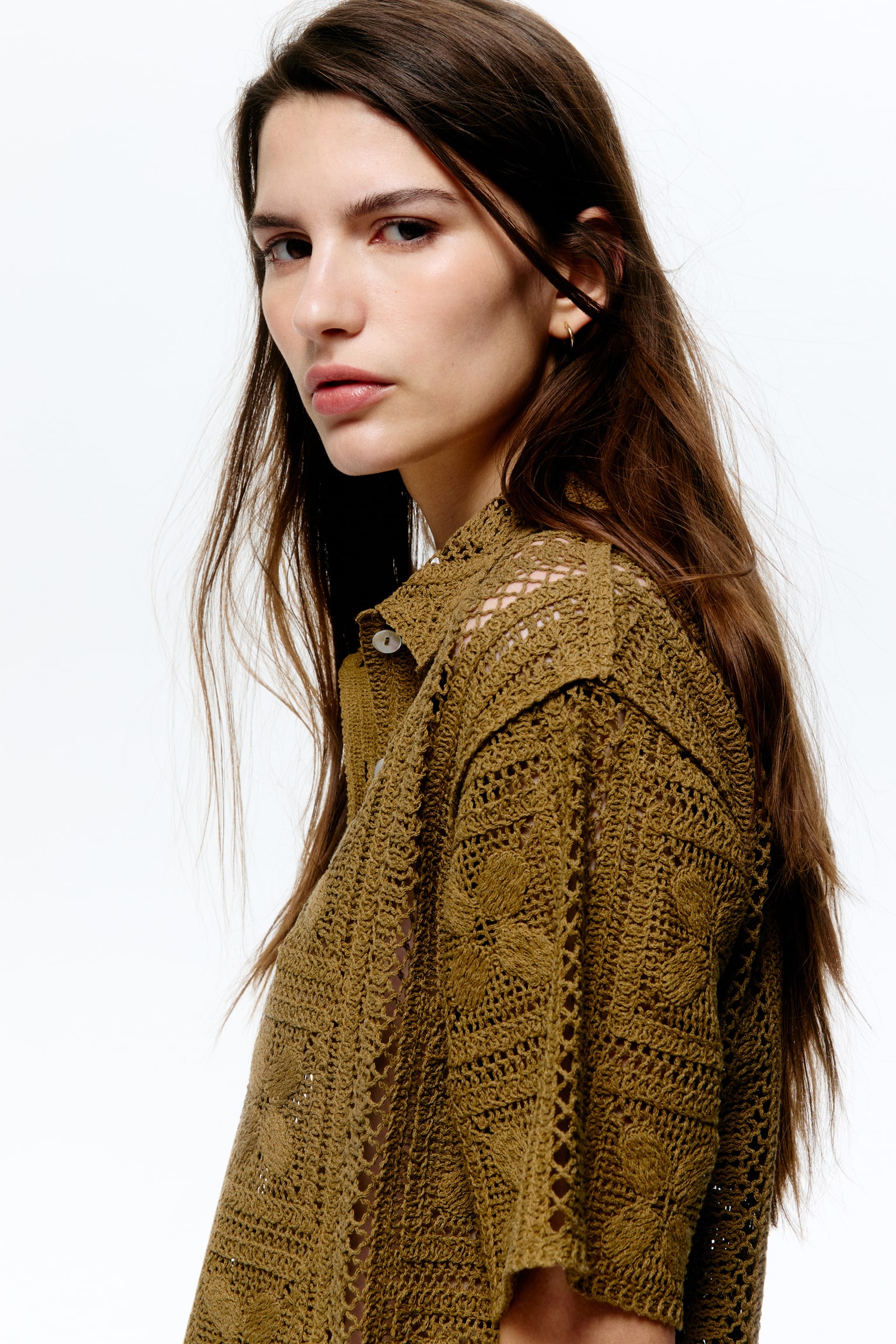 Женская рубашка H&M Crochet-Look Silk-Blend, цвет: Тёмный оливковый зелёный — фото 4