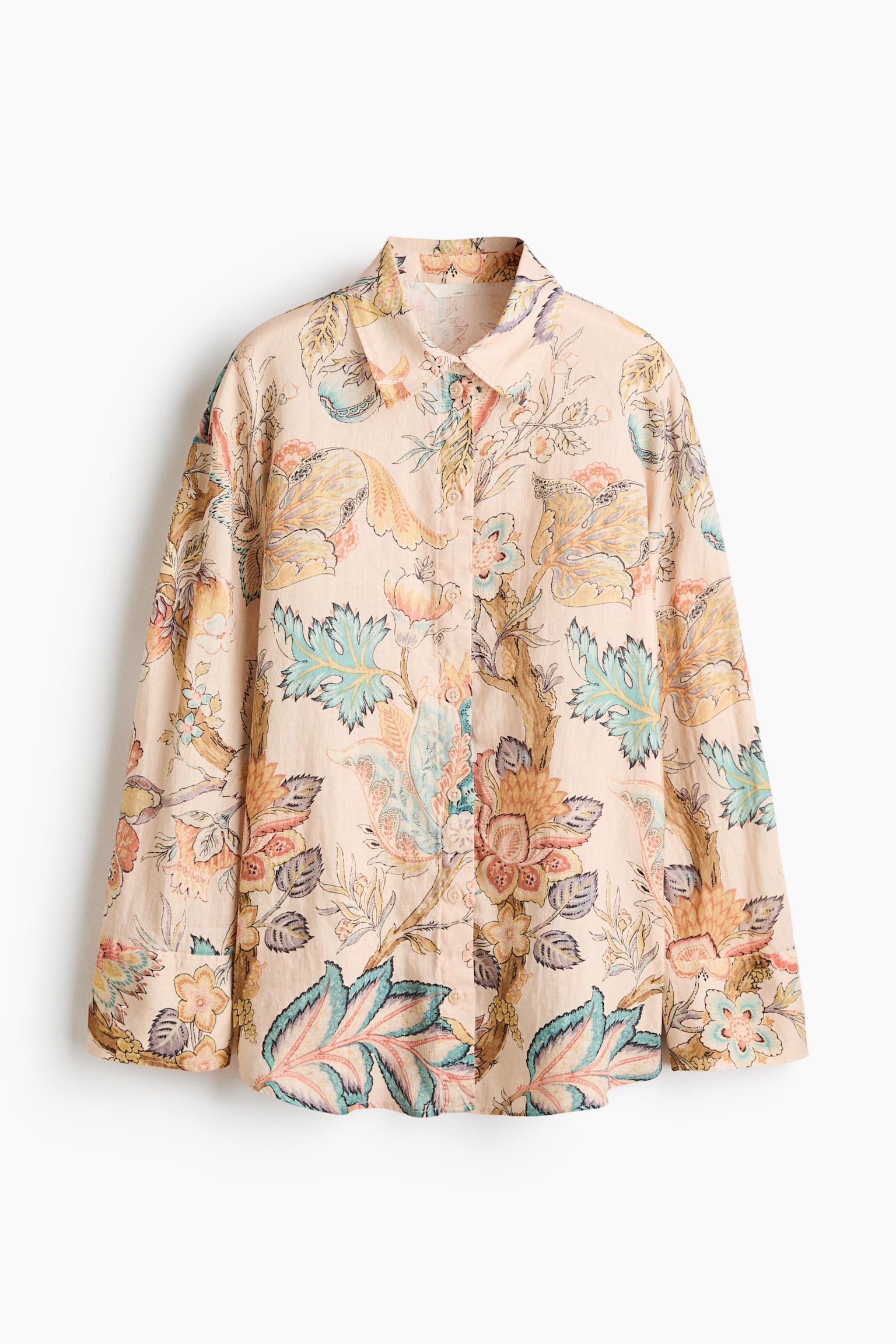 Oversized linen shirt - Light beige/Floral/Light pink/Khaki green