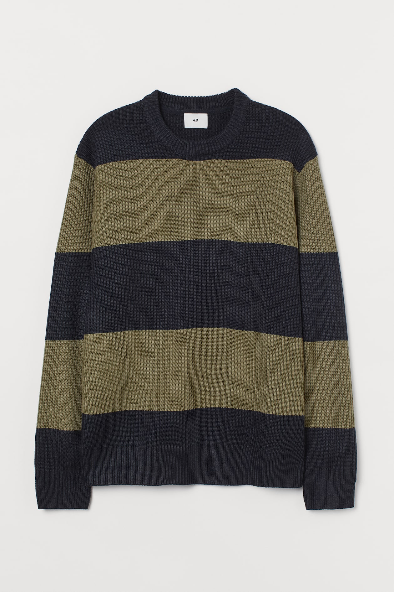 Rib-knit Sweater - Round Neck - Long sleeve - Khaki green/dark blue ...