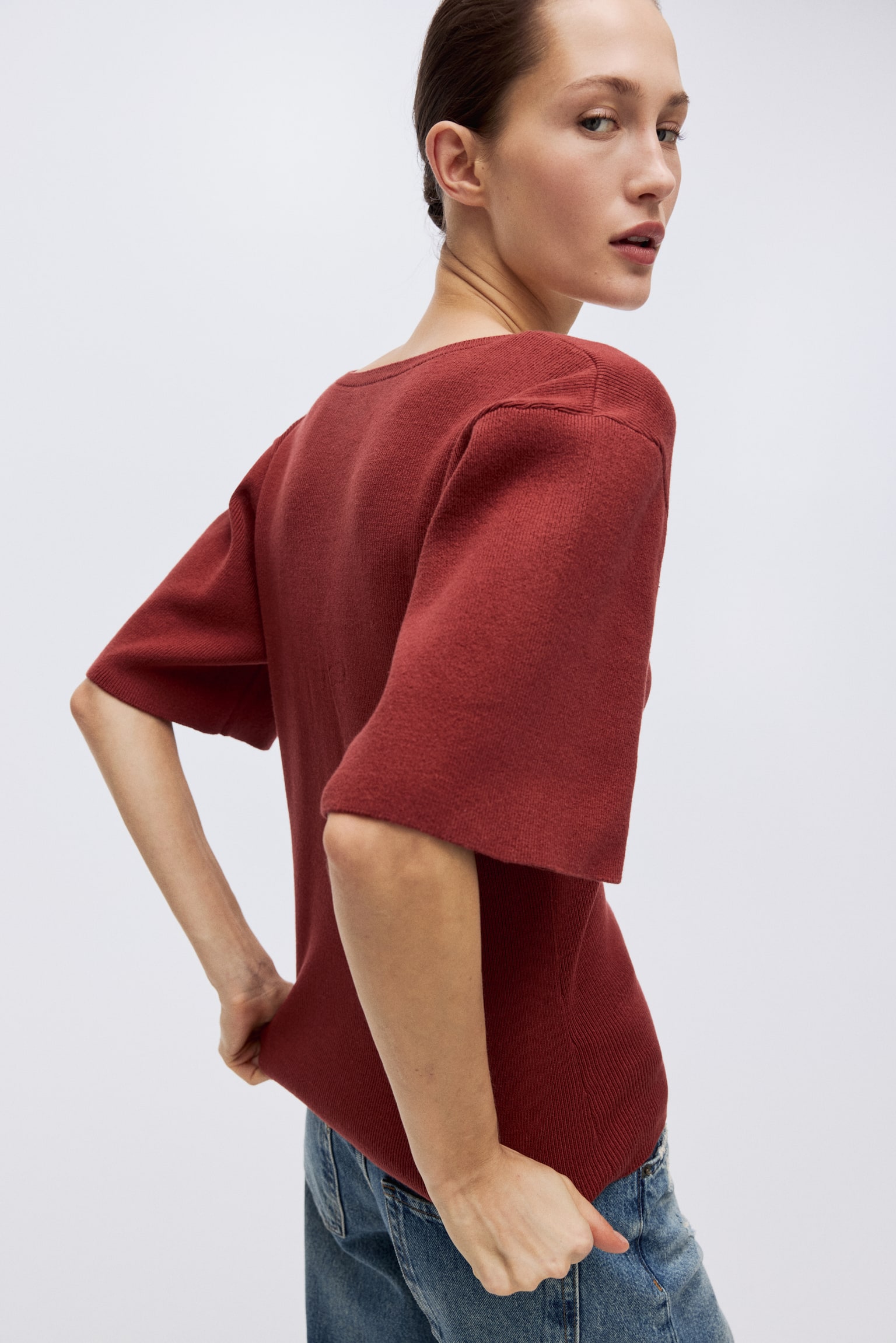 Fine-knit T-shirt - Dark red/Black/Cream - 1