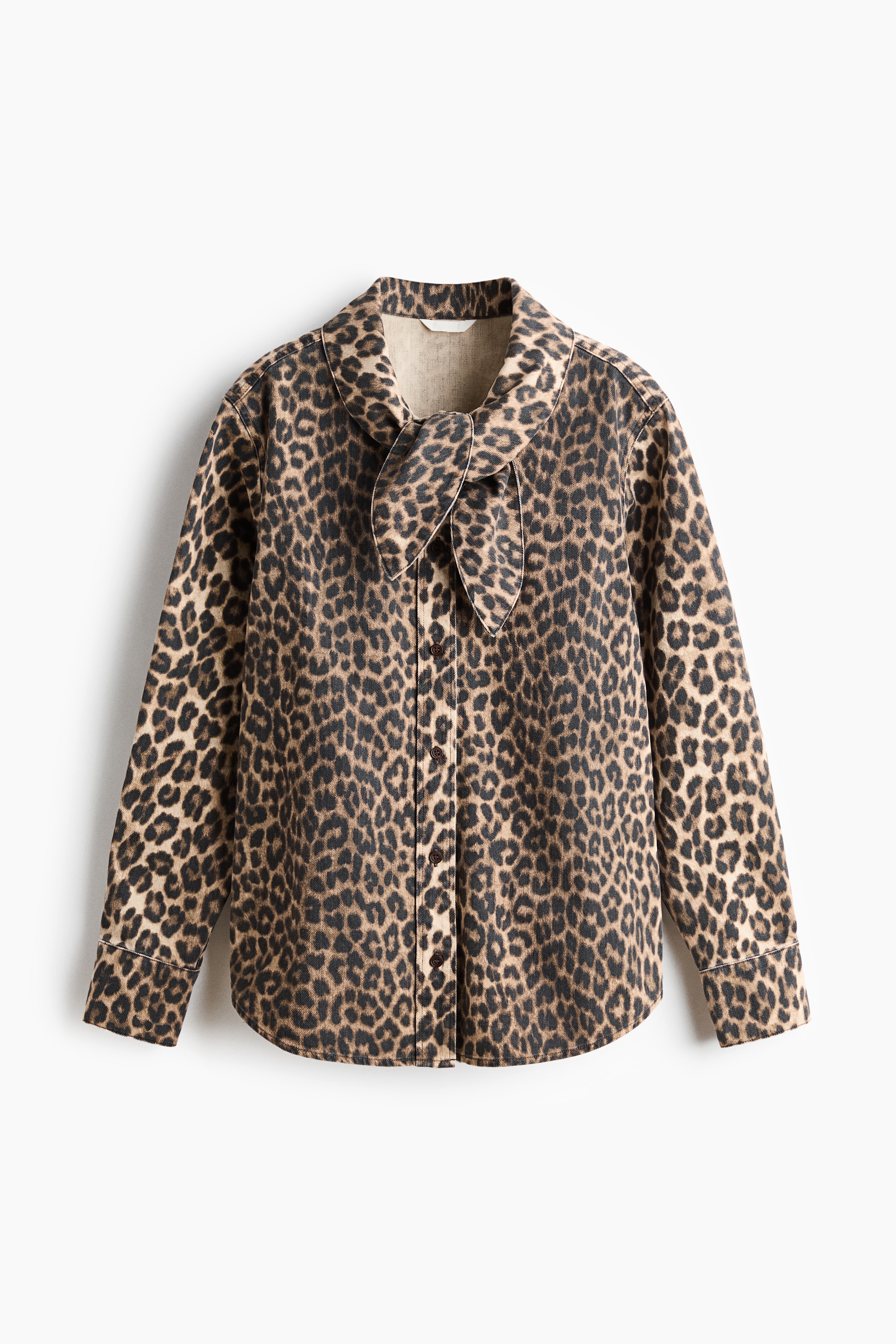 Camicia in denim con colletto a sciarpa - Beige/leopardato