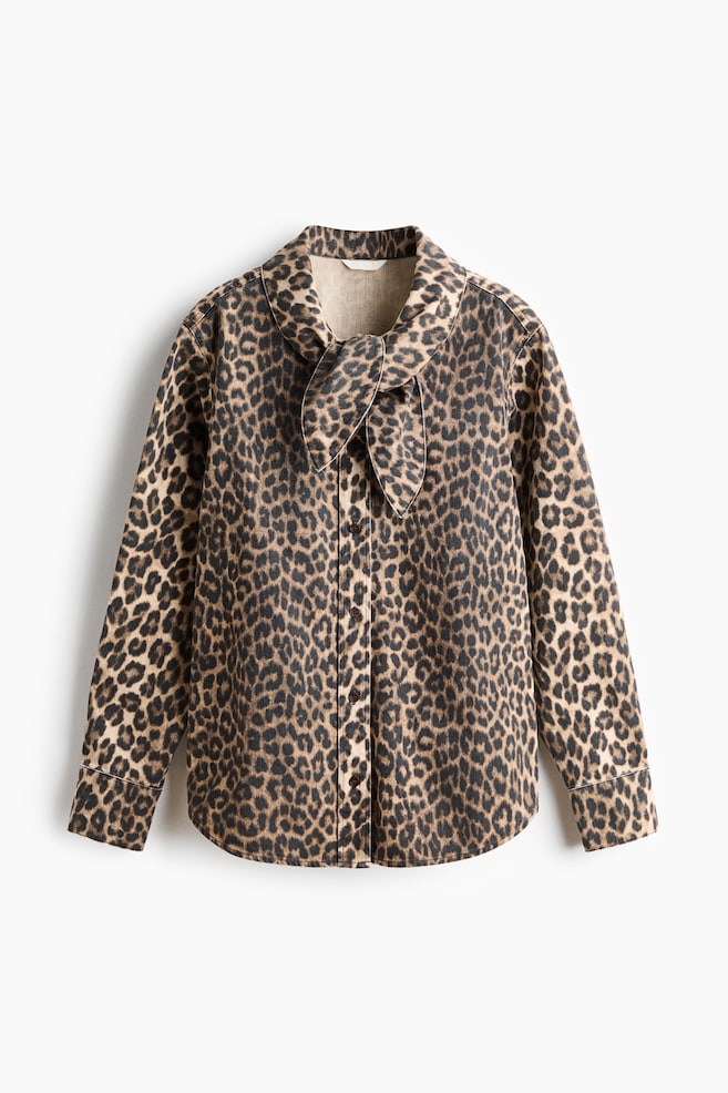 Scarf-collar denim shirt - Beige/Leopard print - 1