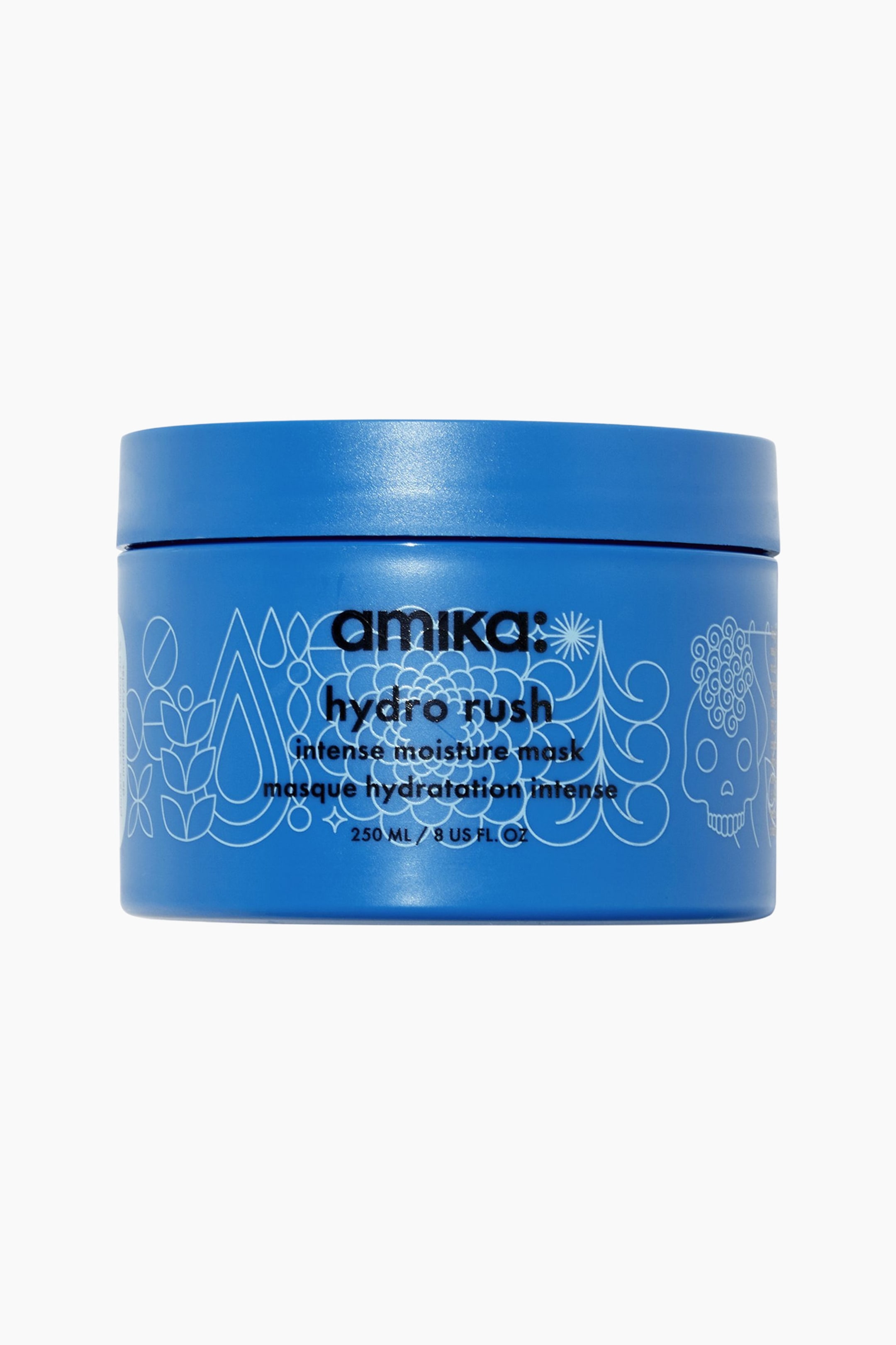 Visa större bild: Amika Hydro Rush Intense Moisture Hair Mask-burken står i frontvett läge och har en cylindrisk blå behållare med matchande skruvlock. Behållaren är dekorerad med vita linjetecknade illustrationer av vattendroppar och blommönster, med svart text på framsidan som identifierar varumärket och produkten.